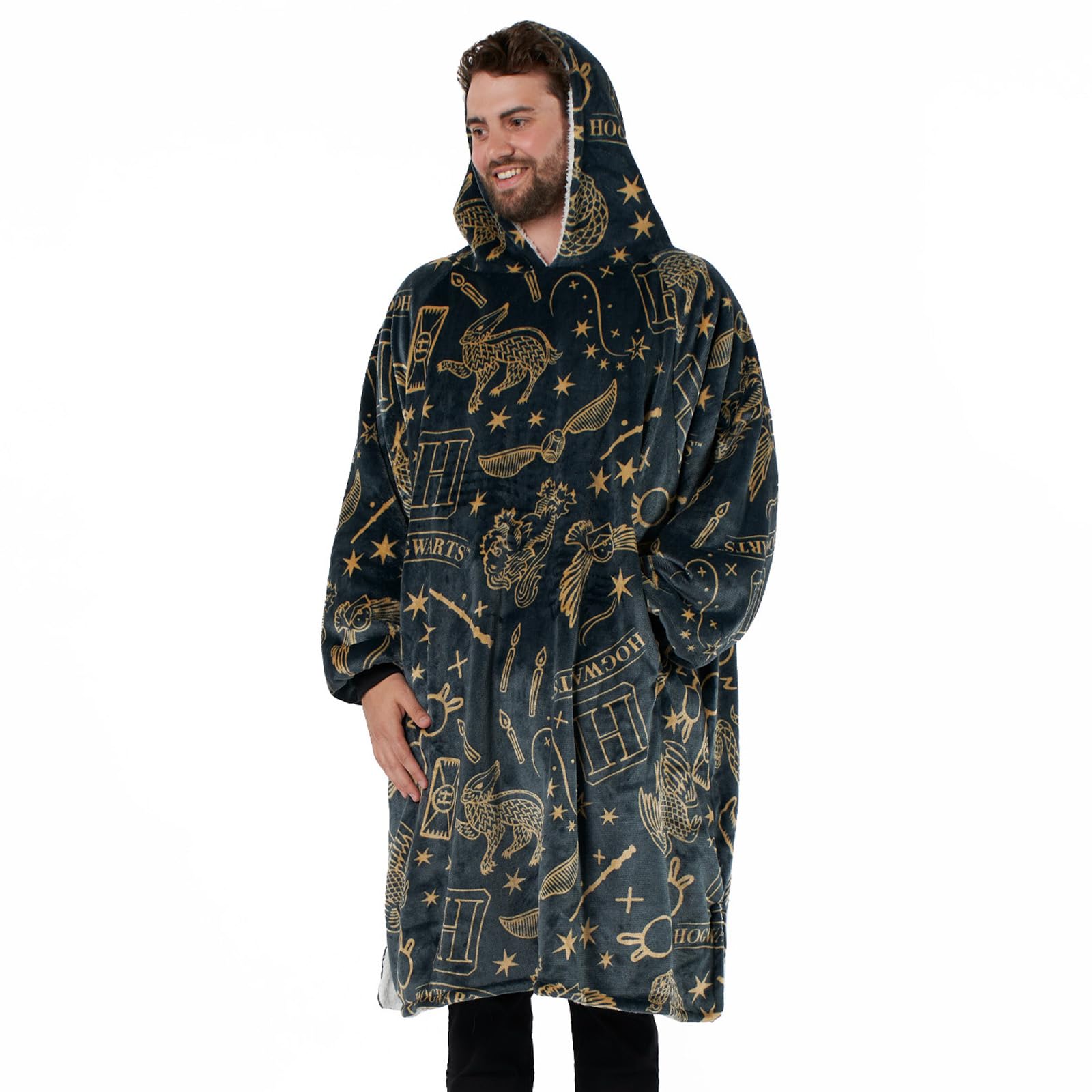 OHS Harry Potter Hoodie Blanket, Mens Oversized Hoodie Blanket Officially Licensed Harry Potter Gifts for Girls Boys Ultra Soft Cosy Warm Extra Long Hoodie Blanket, Black Large