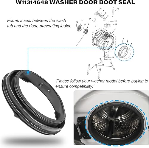 Miniatura 5 de W11314648 W10897390 Junta de sello de arranque de puerta de arandela diafragma de fuelle compatible con lavadora de carga frontal Whirlpool, Maytag,