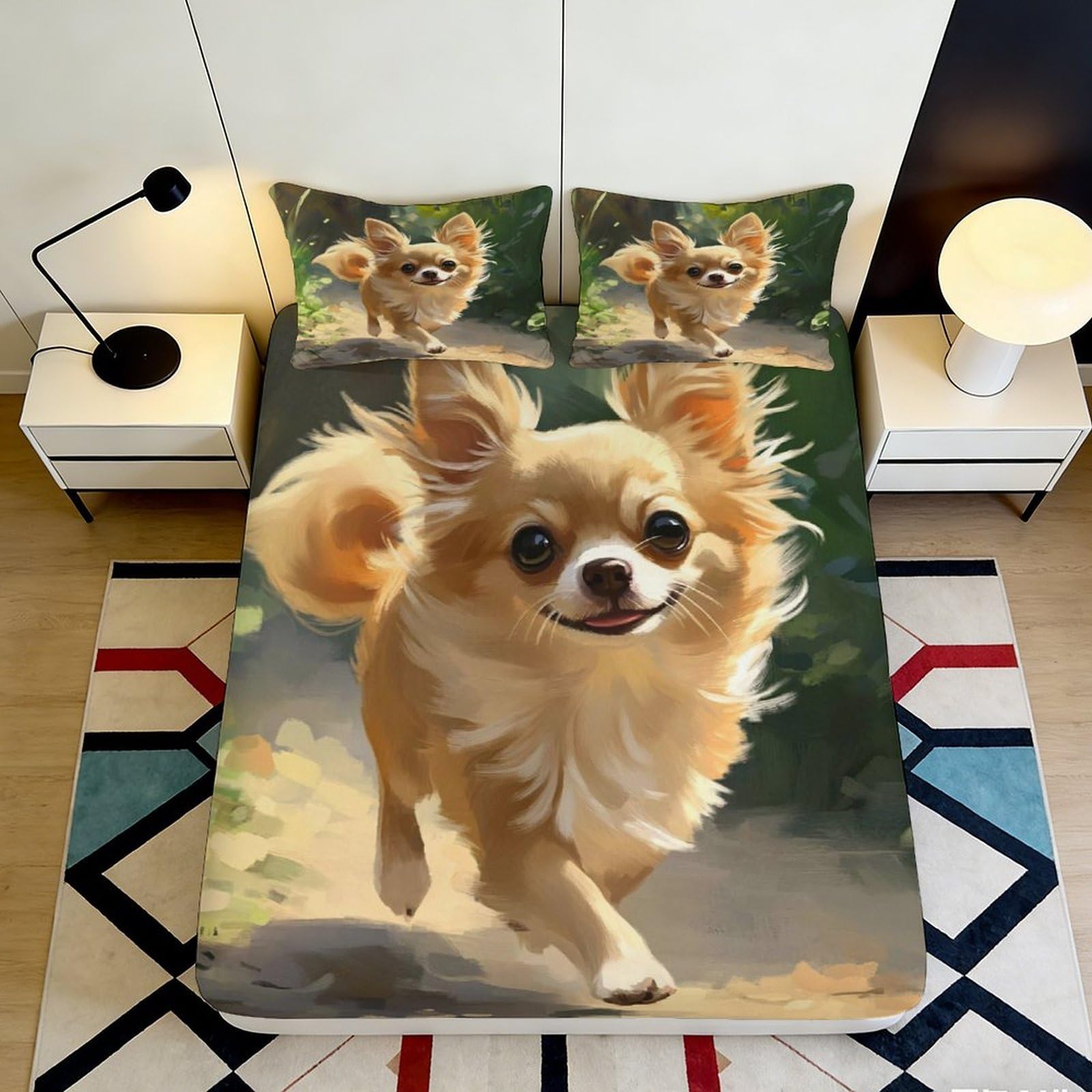 3D Printed Cute Chihuahua Fitted Sheet Microfiber Soft Beige Dog Art Bed Cover for Bedroom Guest Room Decor 120x200cm 200x200x25cm