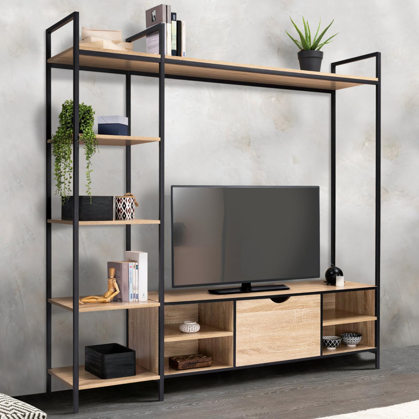 IDMarket – Conjunto de mueble de TV de 170 cm Detroit con estantes de diseño industrial