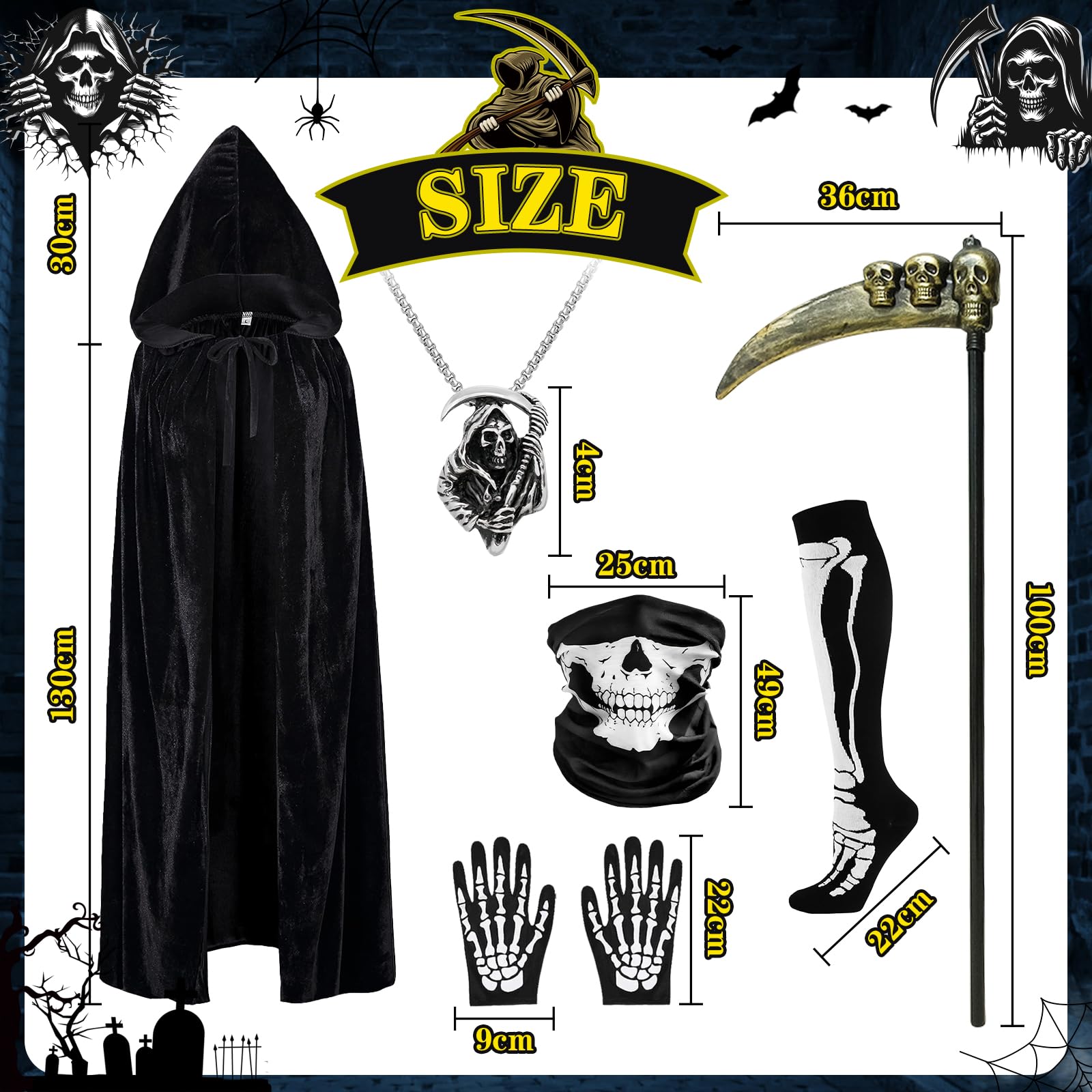 Creerluces Halloween Grim Reaper Costume for Men and Kids Black Cloak Skeleton Gloves and Stockings - Image 3