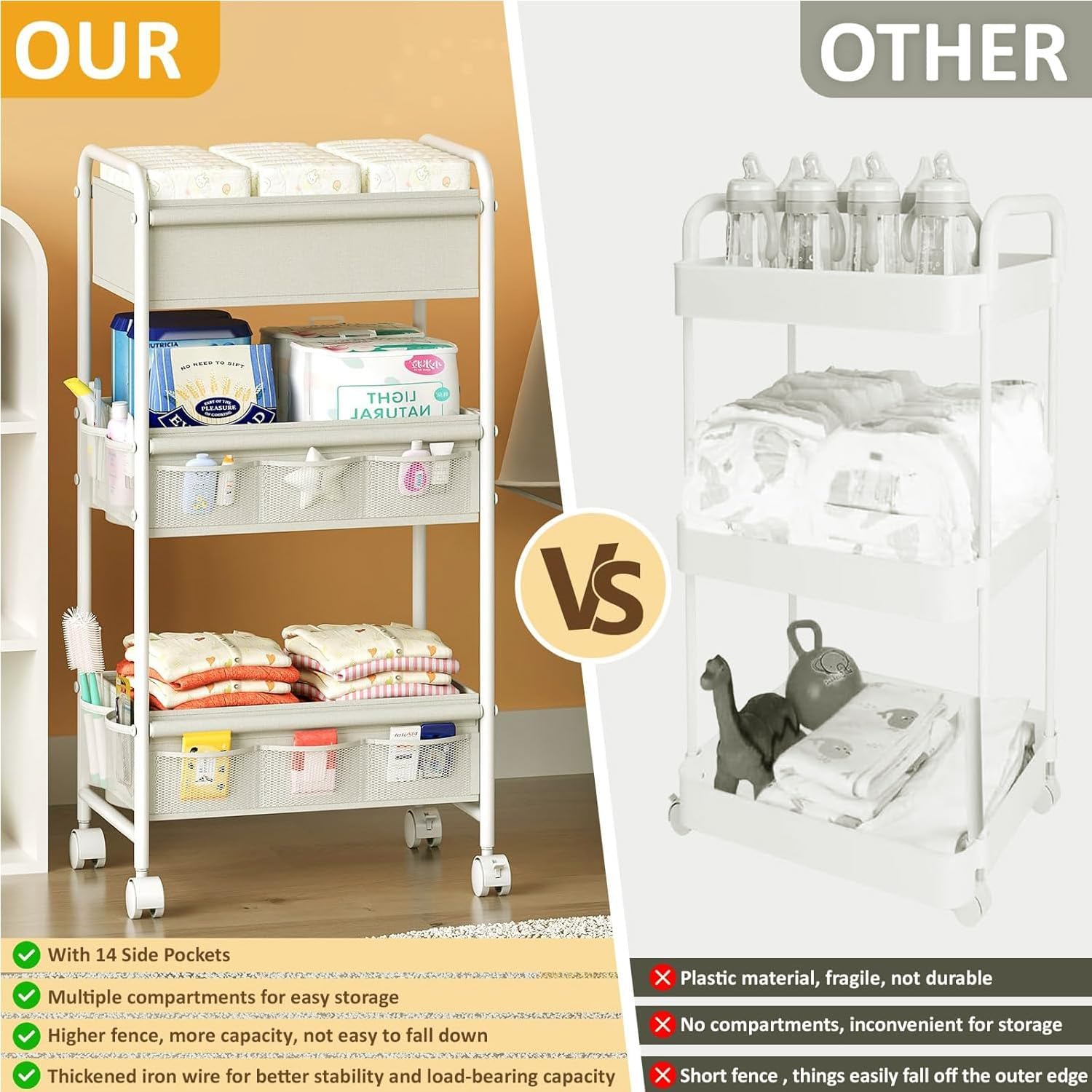 3-Tier Baby Diaper Caddy Cart Organizer,Mobile Nursery Storage Carts with Wheels,With 2 Dividers&14 Mesh Pockets Durable Metal Utility Cart for Nursery, Bedroom, Bathroom, Baby Essentials Organization