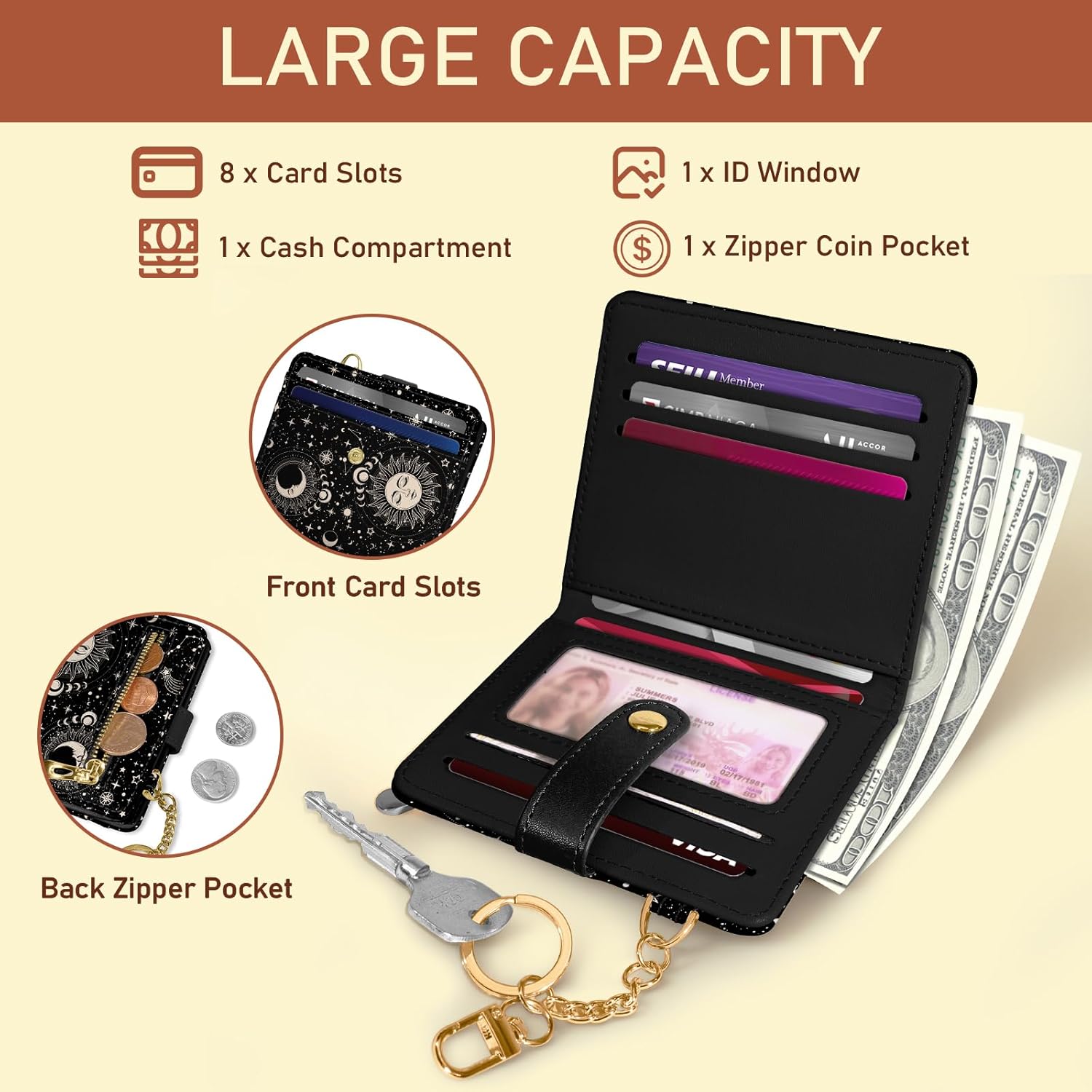 Sun and Moon Rfid Women Wallet, Small Slim Thin Credit Card Wallet, PU Leather Bifold Cash Zipper Coin Pocket ID Window for Female Ladies Teen Girls Girly - Image 4