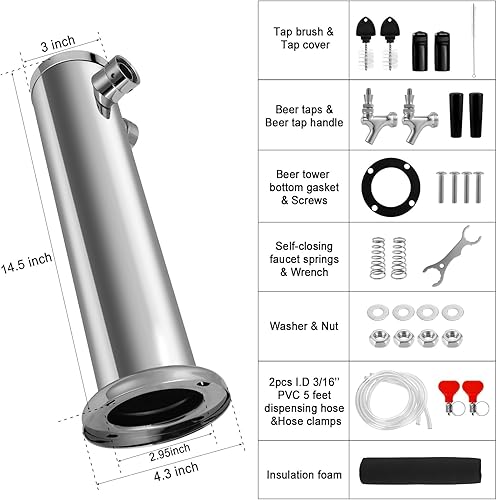 Miniatura 9 de Dbgogo Torre de cerveza de triple grifo, torre de preparación de brida de acero inoxidable de 3 pulgadas, dispensador de grifo de cierre automático,