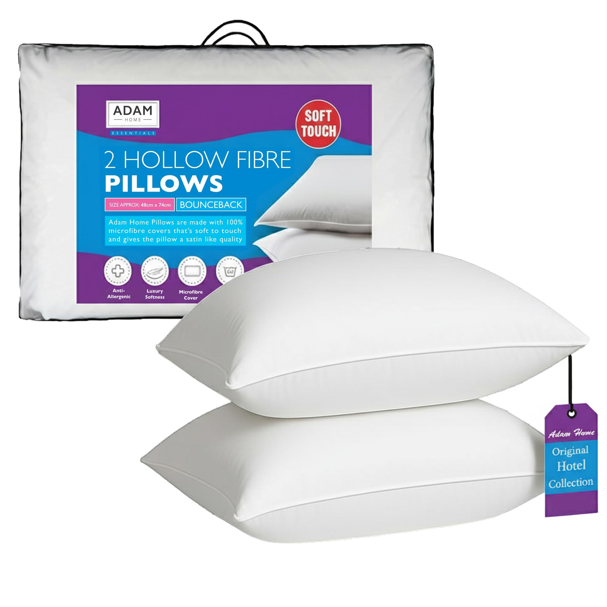 Adam Home Pillows 2 Pack Hotel Quality Side Sleeper Bounce Back Bed Pillow Quick rebound & Dust Proof Resistant Premium Filled Pillows Pack of 2