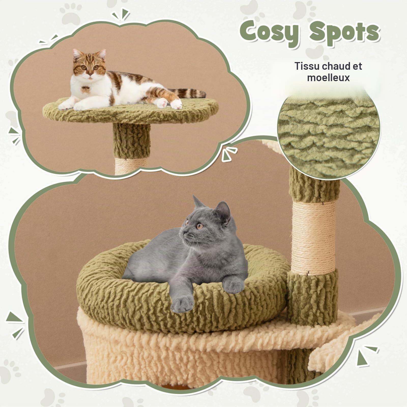 GOPLUS Arbre a Chat Multi-Niveaux, 2 Plateformes, Chaque Charge 10KG, Niche Privée, Panier Latéral, Brosse de Toilettage, Griffoirs en Sisal, Arbre à Chat Coussin Rembourré, Design pour Chatons, Vert