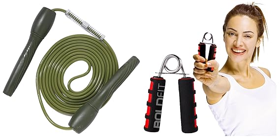 Boldfit Hand Grip Strengthener with Foam Handle Red-Black & Boldfit Skipping Rope Army Green Light-Dark Green