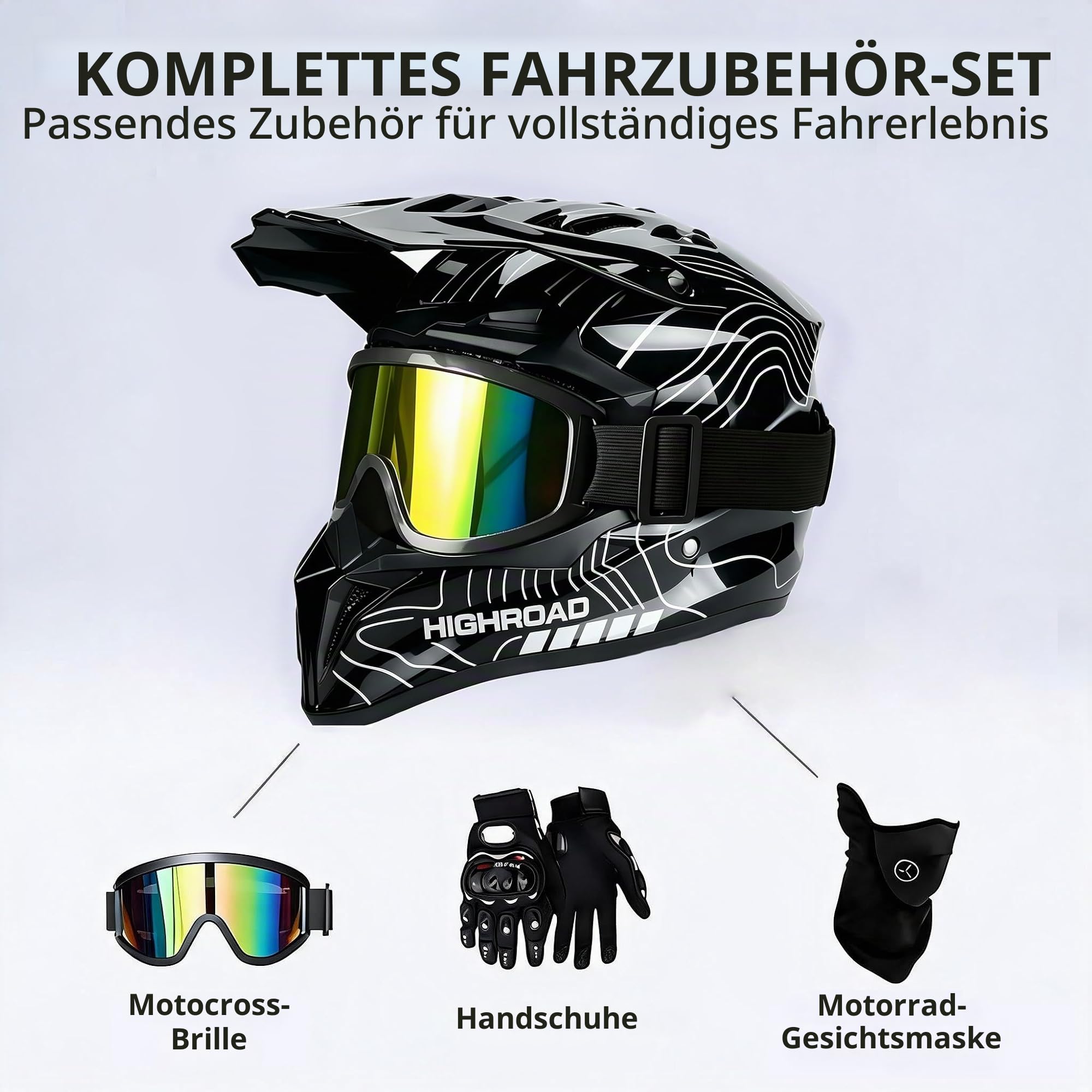 Motocross MTB Helm Fullface, Erwachsener Cross Helm mit Brille Maske Handschuhe, Motorrad Downhill Full Face Helm Downhill Motorradhelm ATV Motorradhelm Inklusive 2 Größen Helmfutter
