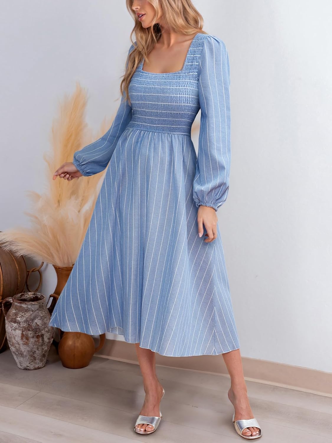 CUPSHE Women's Fall Dresses Long Sleeves Square Neck Striped Casual Outfits Smocked A Line Ruffled Flowy Midi Formal Dress - Image 2
