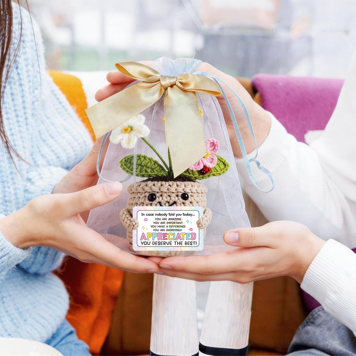 Positive Tricolor Emotional Support Plant You are Amazing Crocheted Flowers for Women,Employee Appreciation Day Gifts for Coworker Employee Thank You Gifts for Teacher Mentors
