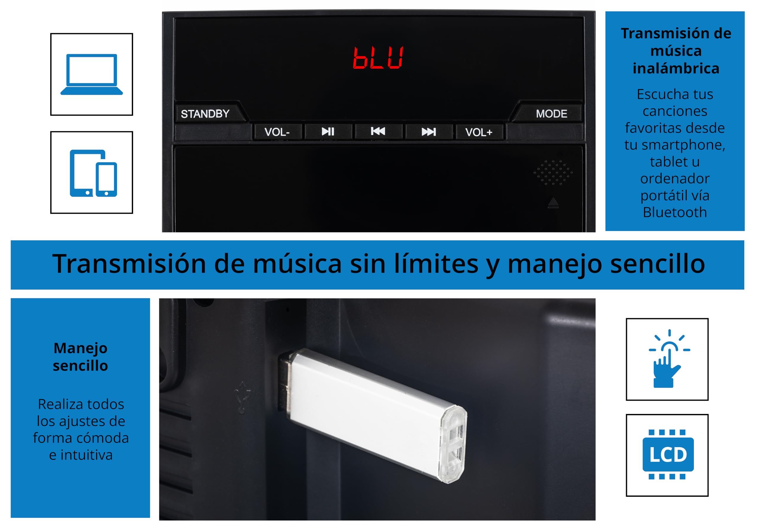 McGrey MCD-60 Equipo Estéreo Vertical - Hi?Fi Compacto Que Ahorra Espacio con Reproductor CD/MP3, Ranura USB, Streaming Bluetooth y Radio FM/Am - Entrada AUX, Mando a Distancia, 2X 3 Watt RMS - Negro
