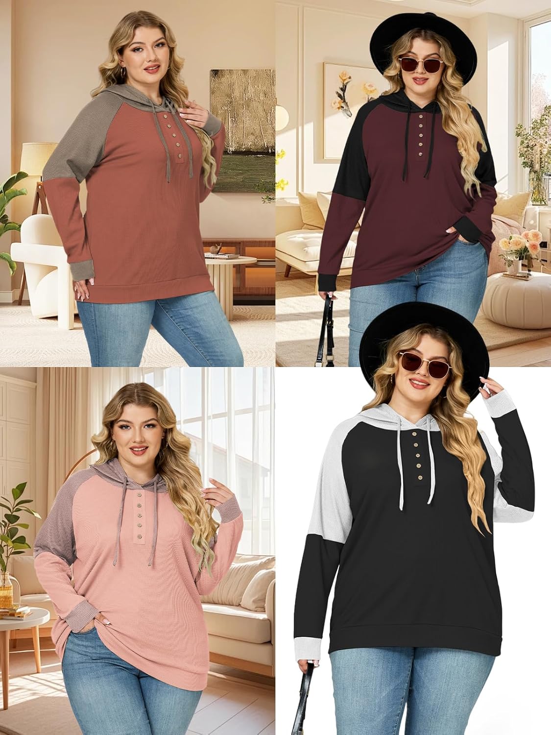 VISLILY Plus-Size-Hoodies for Women Trendy Color Block Tops Raglan Long Sleeve Drawstring Button Hooded Waffle Sweatshirts - Image 7