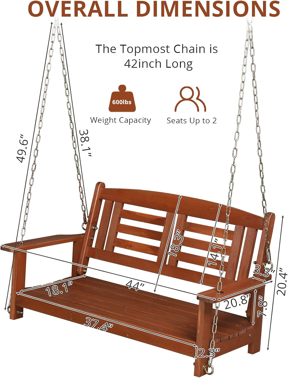 Outvita Porch Swing, 44" Swing Bench with Hanging Chains and Reclined Backrest for Deck, Garden,Yard, Balcony, Room 600lbs Capacity Fir Wood