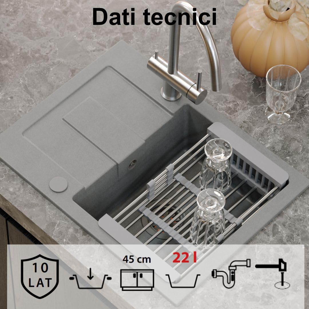 QUADRON Lavello Beige | dimensioni 60 x 45 x 18,5 cm | lavello in granito CHRISTIAN 111 lavello da cucina monovasca | con sifone e scolapiatti manuale | lavello da incasso a 1 vasca
