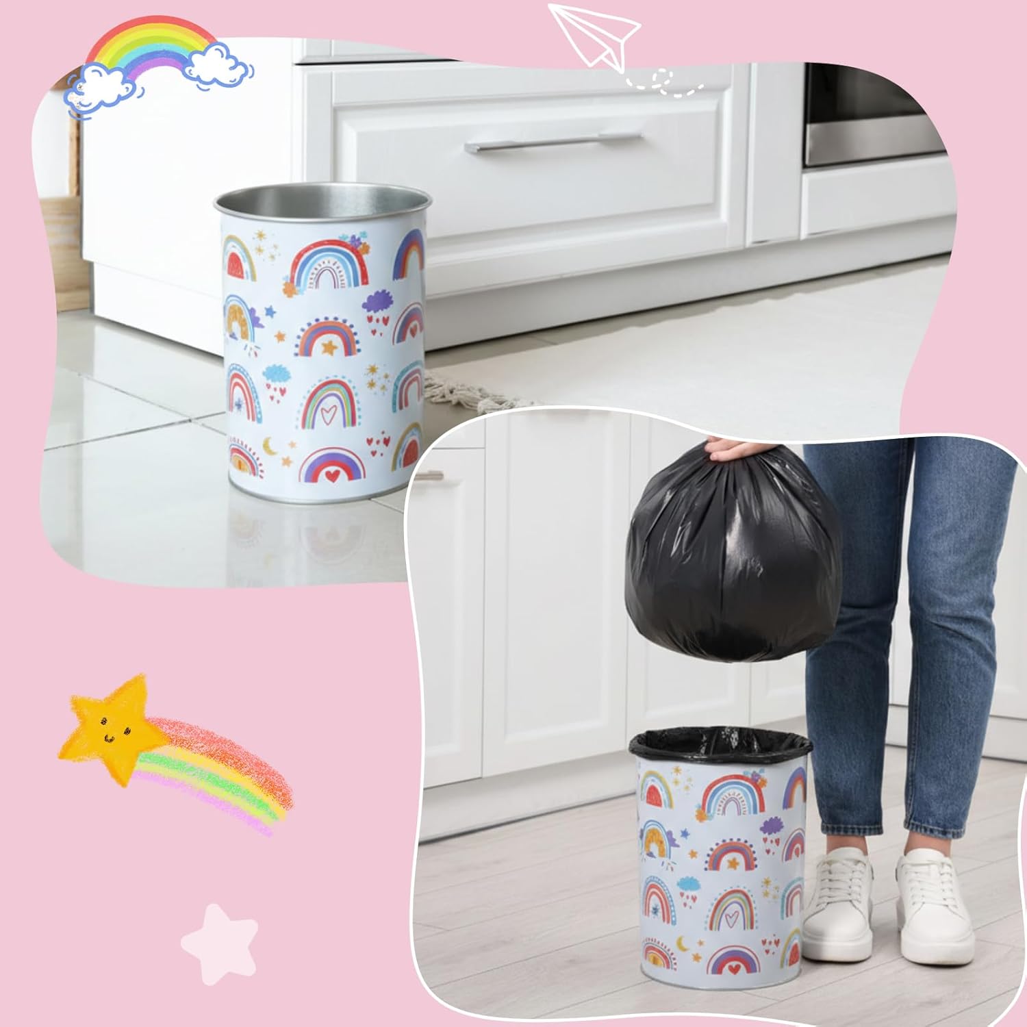 LemonRoad 2 Pack Rainbow Wastebasket Metal Trash Can Small Decorative Garbage Can for Bedroom Bathroom Nursery Daycare Kitchen Laundry Room Offices Home, 1.50 Gallons, 7.7 x 7.7 x 9.4 Inches