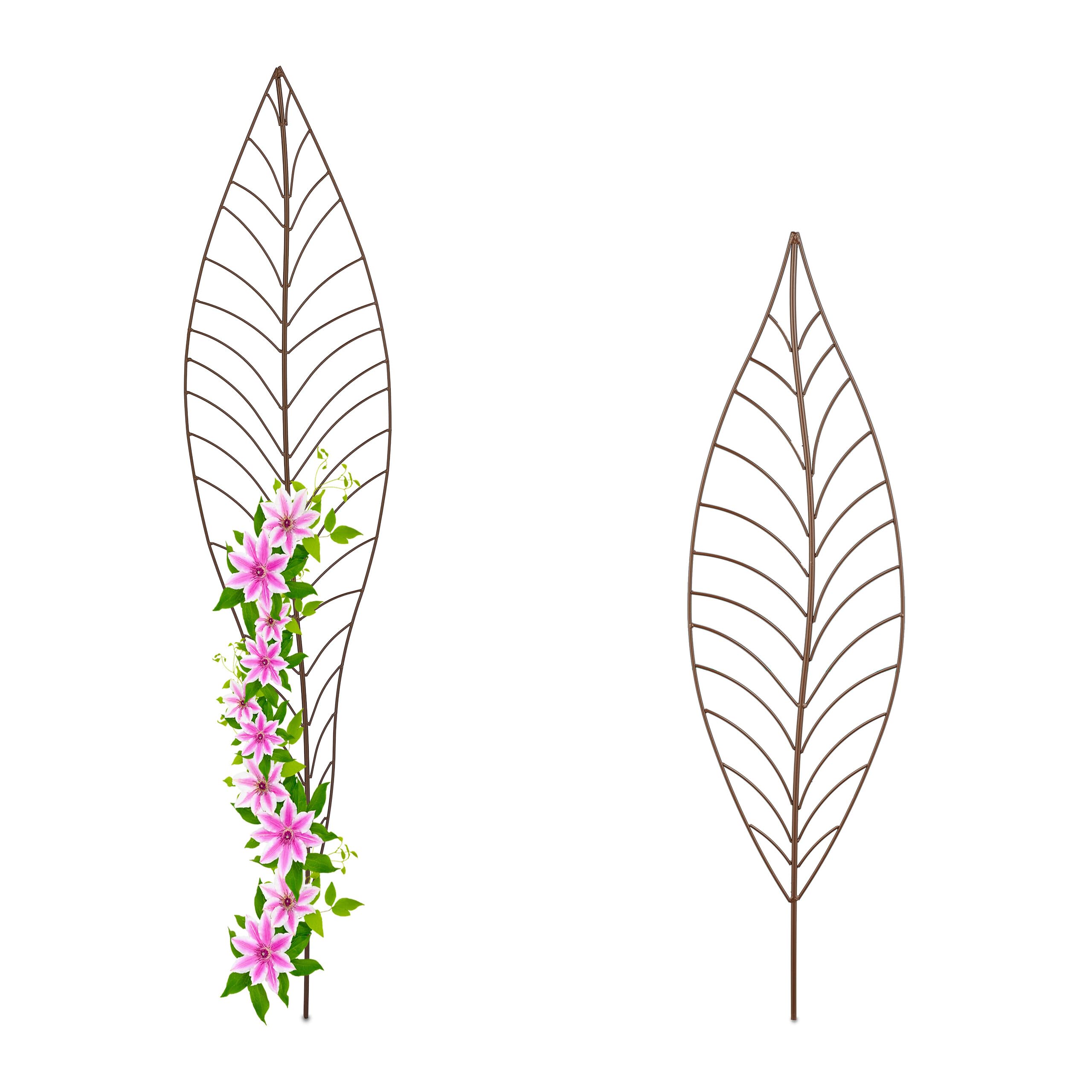 Relaxdays Brown Plant Support, Set Of 2, Garden Stakes With Leaf Design, 2 Sizes, Climbing Aid For Flowers, Metal,