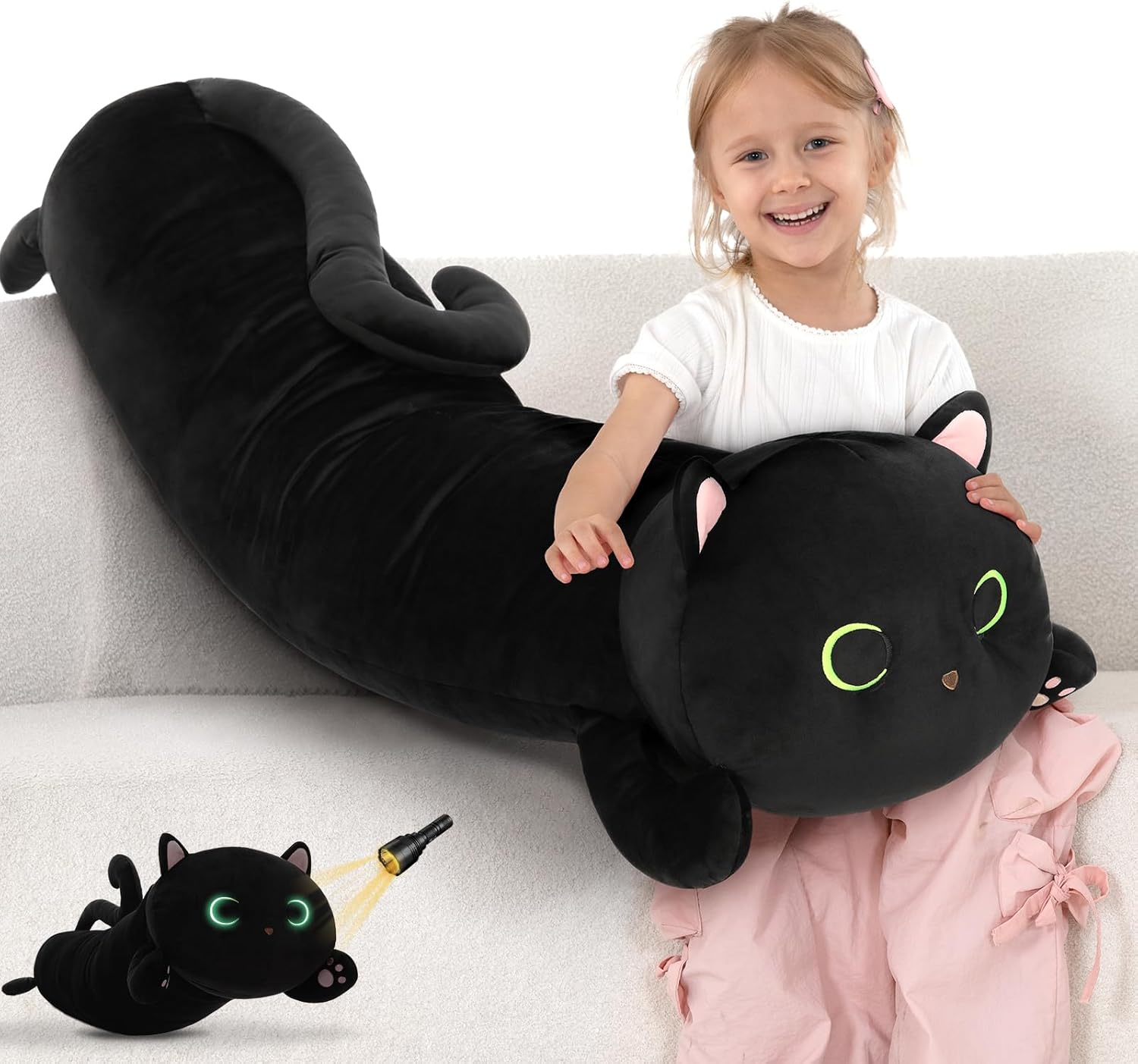 MaoGoLan Black Cat Plush Body Pillow, 44'' Giant Glow in The Dark Cat Stuffed Animal Toy for Girl Boy Kid, Big Cute Kitten Plush Throw Pillow for Birthday Gift, Baby Shower Party Favor Decor