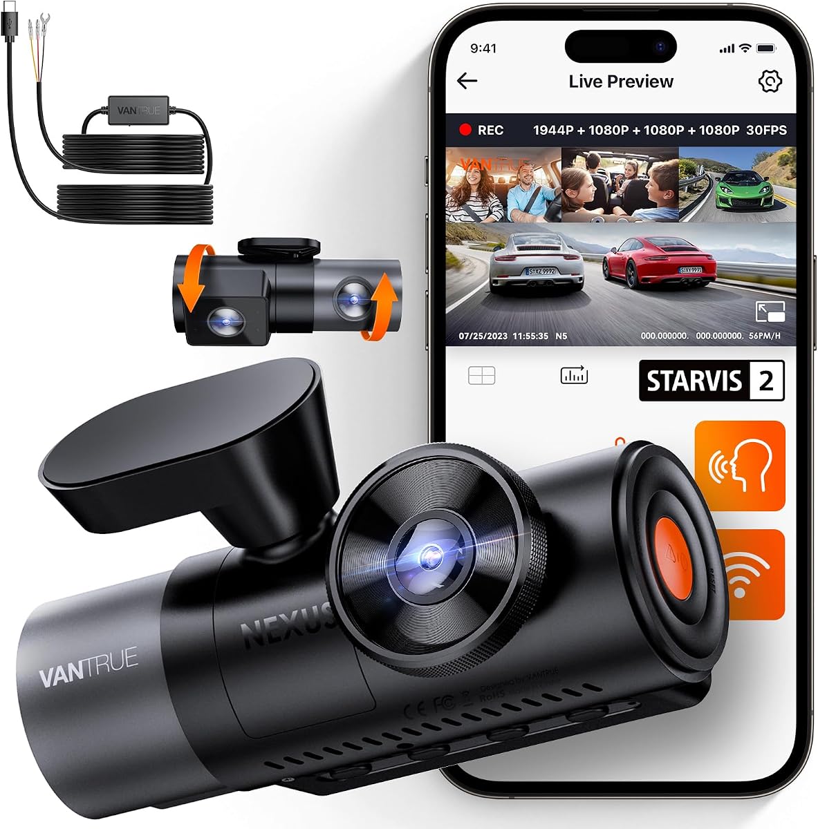 【Bundle: Vantrue N5 4 Channel WiFi Dash Cam + Hardwire Kit】 2.7K+1080P*3 Front Rear Inside Camera with Side View, STARVIS 2, Voice Control, GPS, 24hrs Buffered Parking Mode