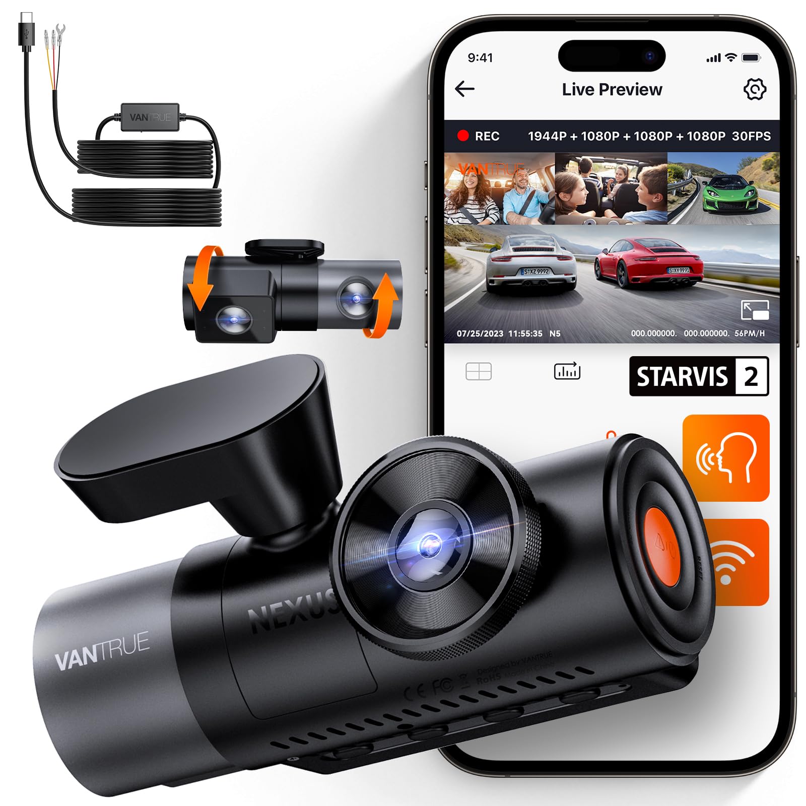 【Bundle: Vantrue N5 4 Channel WiFi Dash Cam + Hardwire Kit】 2.7K+1080P*3 Front Rear Inside Camera with Side View, STARVIS 2, Voice Control, GPS, 24hrs Buffered Parking Mode