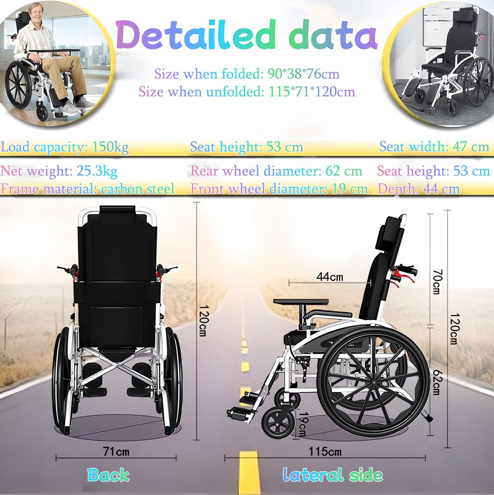 Sedia A Rotelle Pieghevole, Sedia A Rotelle da Trasporto Reclinabile Leggera, Deambulatore, Sedia A Rotelle Stretta per Cure con Funzione Reclinabile con Poggiatesta Rimovibile