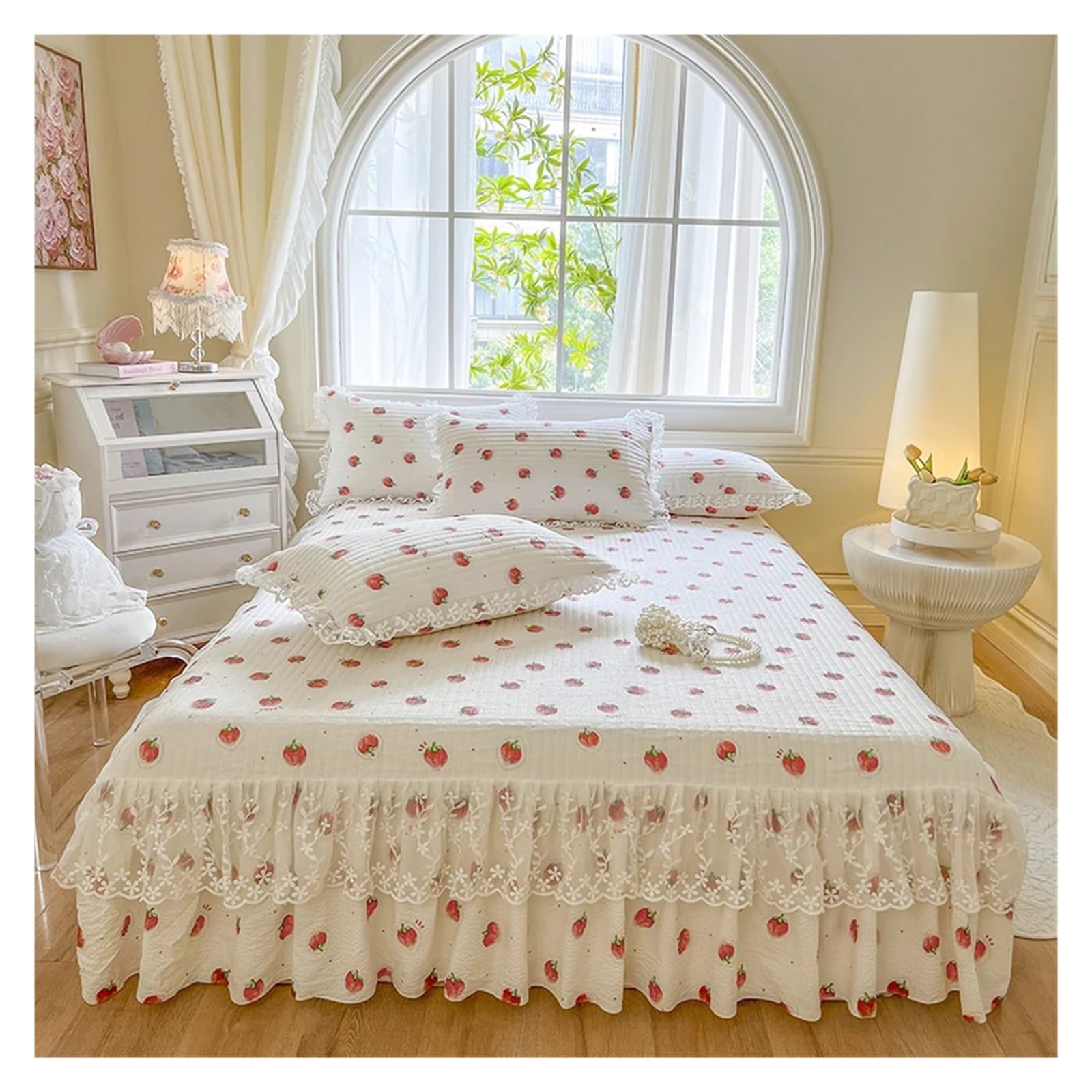 1 Piece Lace Skirt + 2 Piece Pillowcases Bedding Bedspreads Sheet Pink Lace Bedding Set Bed For Cover(03,Queen 180x220cm 3pc)