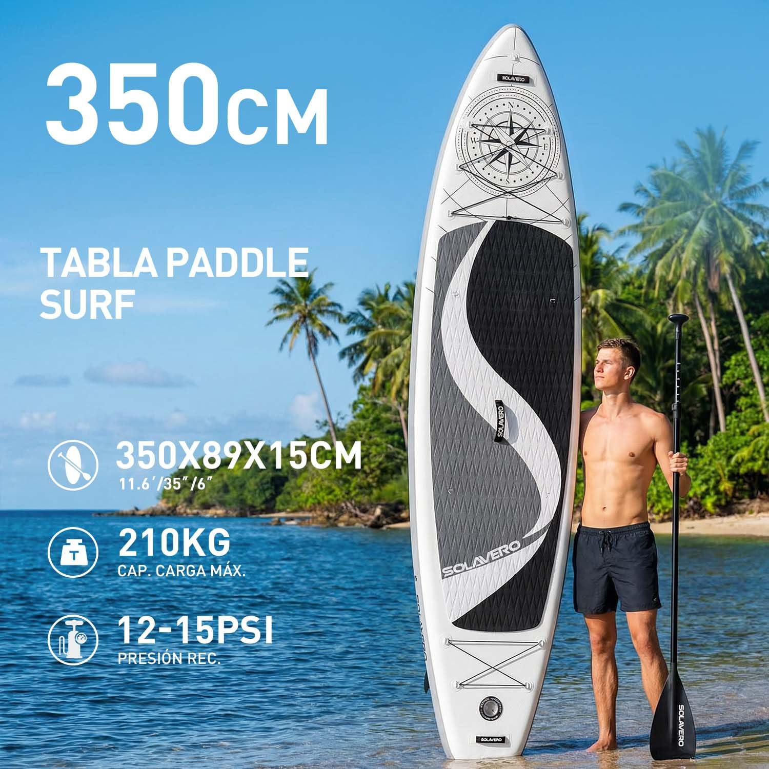 SOLAVERO Tabla Paddle Surf Hinchable 2 Personas 350 x 89 x 15 cm Sup Capacidad 210kg con Remo Ajustable, Bomba, Correa de Seguridad, Funda Impermeable y Mochila