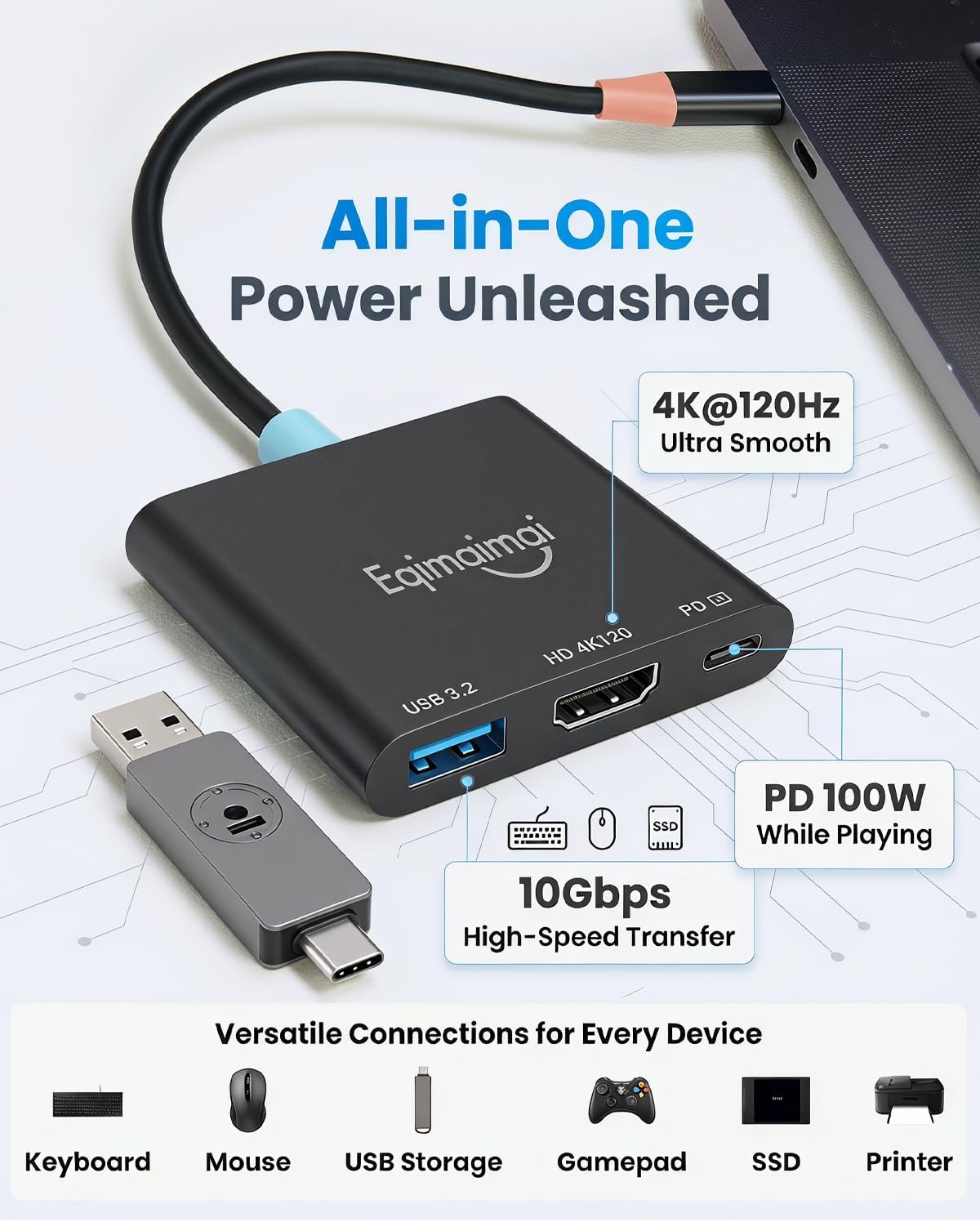 USB c to hdmi Adapter with HDMI 2.1,8K@60/4K120Hz, 3in1 Portable Travel TV Dock with USB3.2 and PD 100w Charger Compatible for Steam,MacBook,Laptops,IPAD,Mobile Phone.