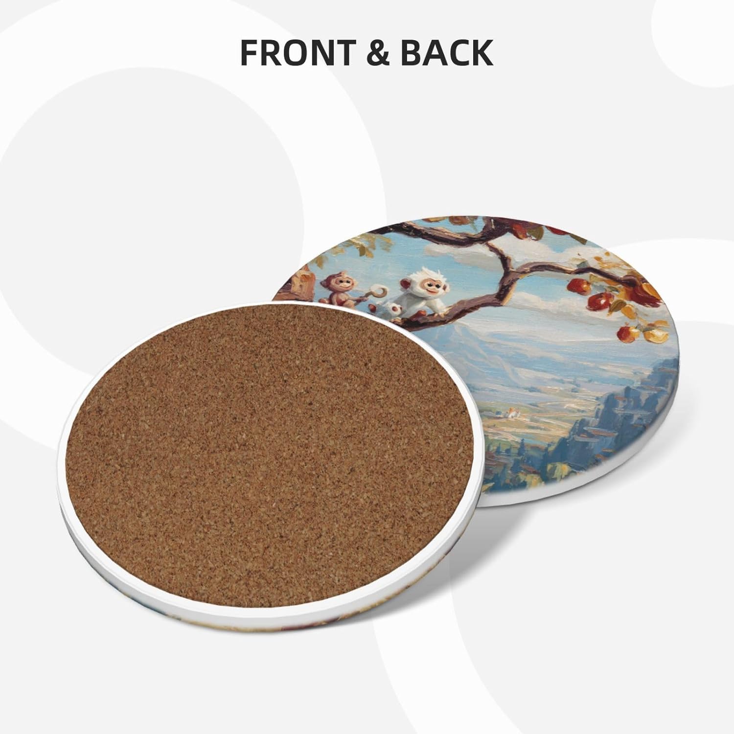 (Cute Monkey) Ceramic Coasters Set of 6 with Holder Non-Slip Round Coffee Coasters for for Cup Mug Drink Patio Coffee Table Decor, Christmas Coasters Home Bar Supplies