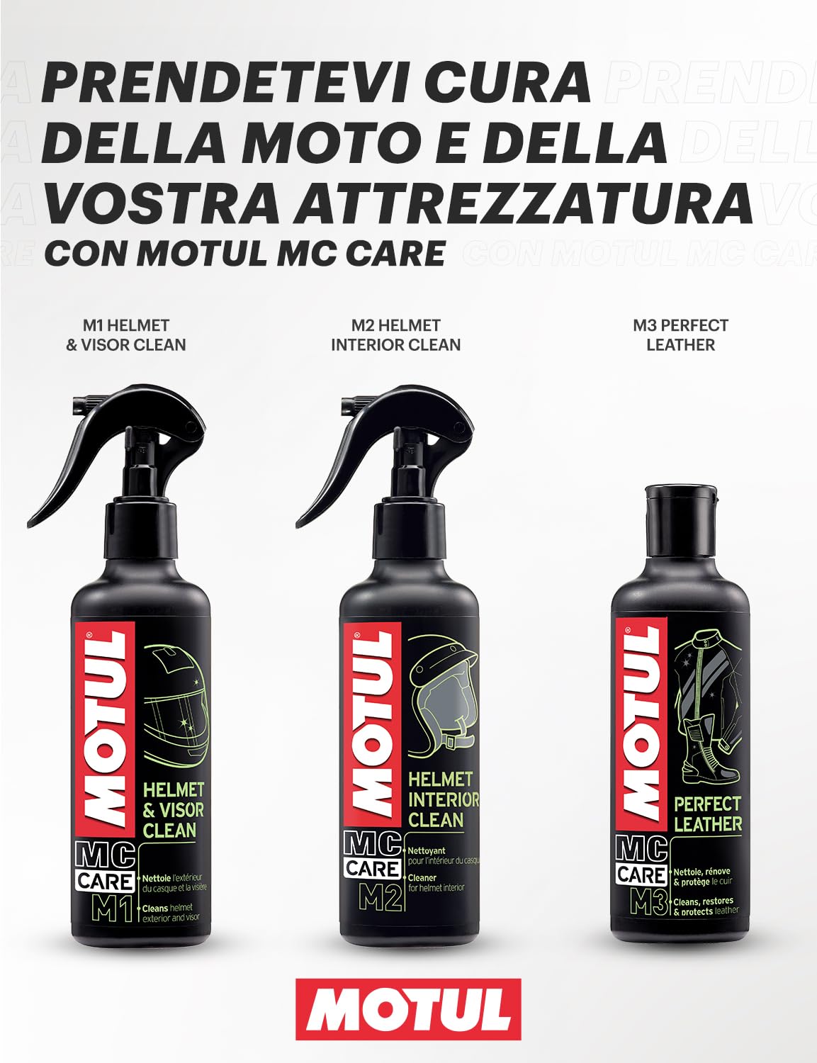 Motul - Kit di Pulizia per Caschi da Moto - Pulitore Esterno per Casco e Visiera + pulitore Interno + Panno in Microfibra - MC Care Helmet & Visor Clean M1 - MC Care Helmet Interior Clean M2