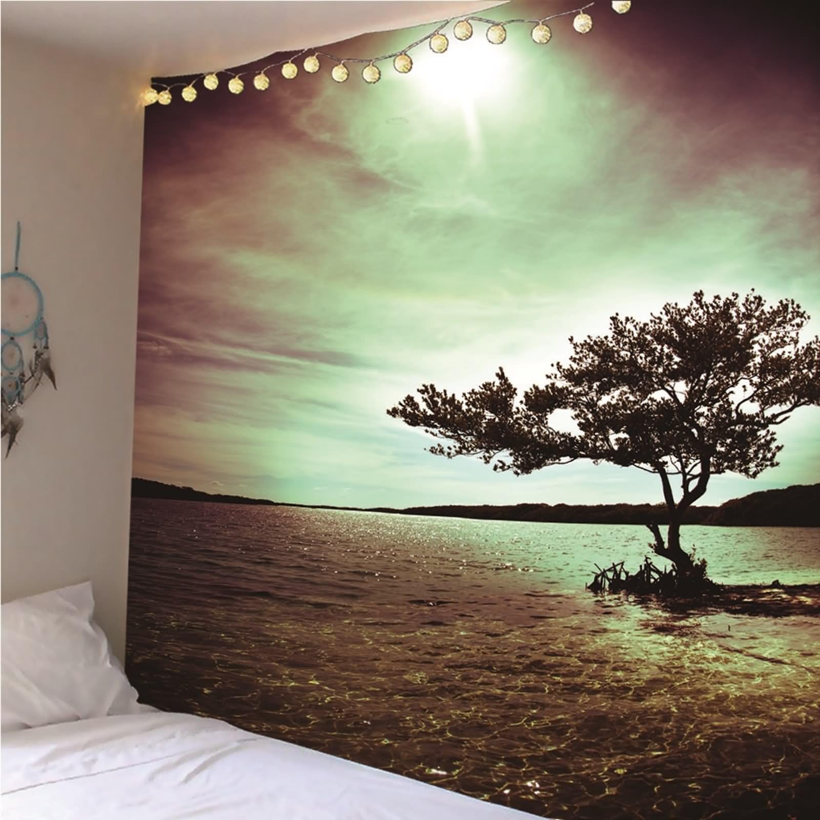 Tapiz tela, tapiz para recámara, para colgar en la pared, árbol en el mar al anochecer, multicolor de poliéster, 118.1 x 102.4 pulgadas (300 x 260 cm)