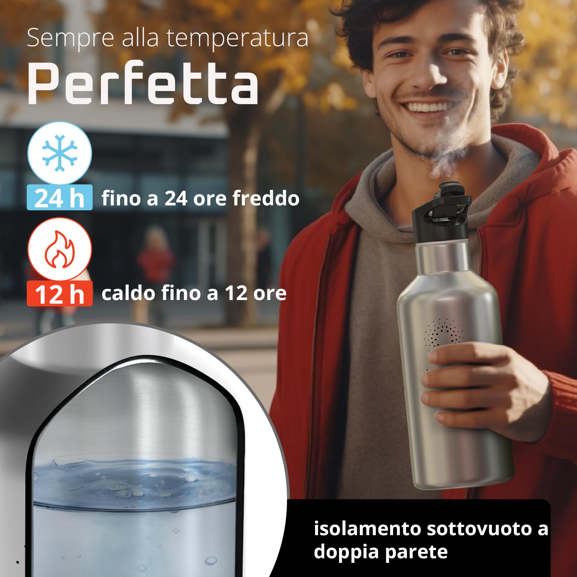 Bottiglia Acqua Termica INOX ACTIVE FLASK + Cannuccia (3 Tappi), Senza BPA, 1l/500ml | Borraccia Isotermica Acciaio - Caldo/Freddo, Ufficio Outdoor Sport Bicicletta viaggio fitness, Caffe Te