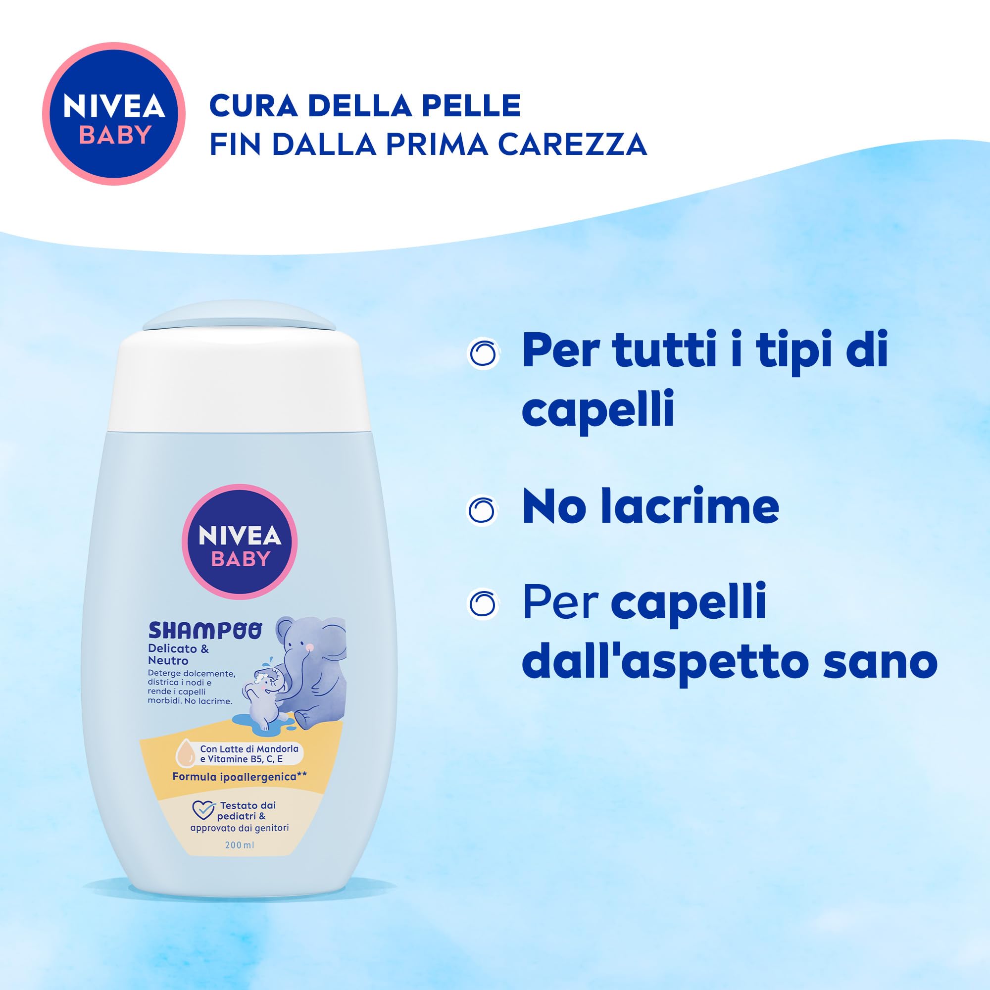 NIVEA BABY Shampoo Delicato & Neutro 200ml, Shampoo bambini per una detersione delicata, Formula per neonati con protezione no lacrime e senza solfati per capelli morbidi e senza nodi