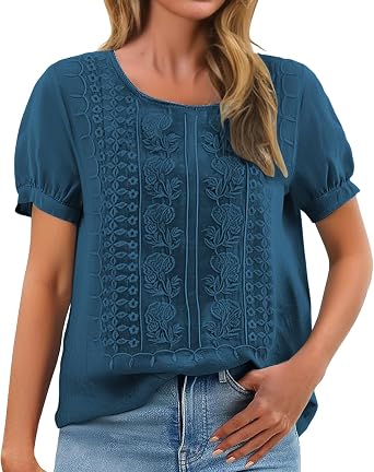 Linen Shirts for Women 2025 Summer Short Sleeve Embroidered Gauze Tops Plus Size Dressy Casual Comfy Work Blouses