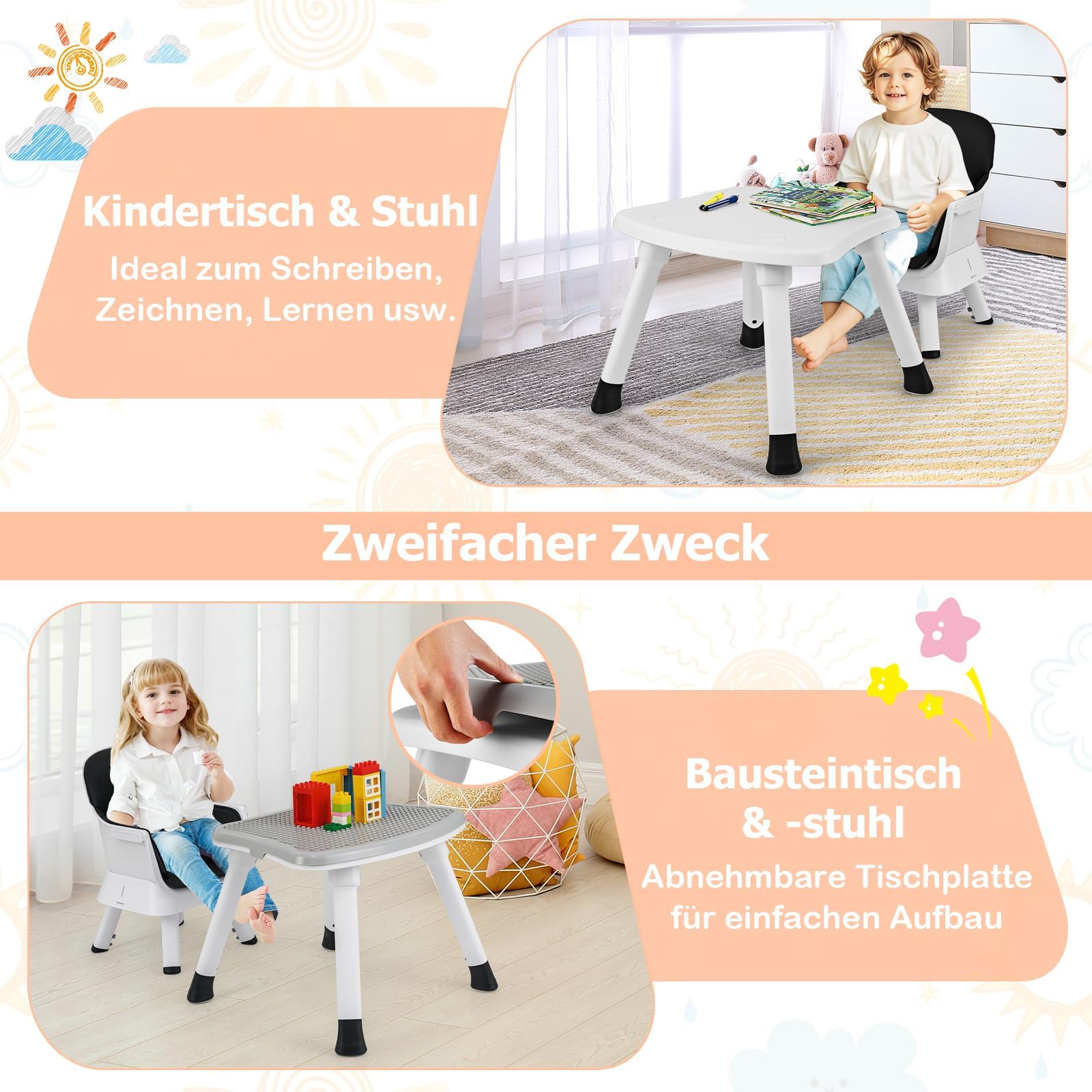 FANTASK Chaise haute combinée 6 en 1 pour enfant et bébé avec ceinture de sécurité et plateau amovible Noir