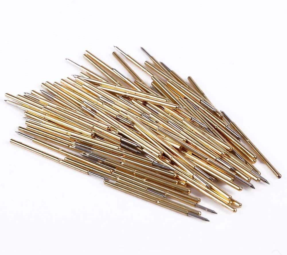 Pogo Pins, 100pcs Spring Test Probe Round Pogo Pin Tools with Sharp Angle Needle Head Testing Contact Probes Brass 0.68mm Dia 16mm Length P50-B1 Pogo Pin Connector for PCB Circuit Board Wire wrap