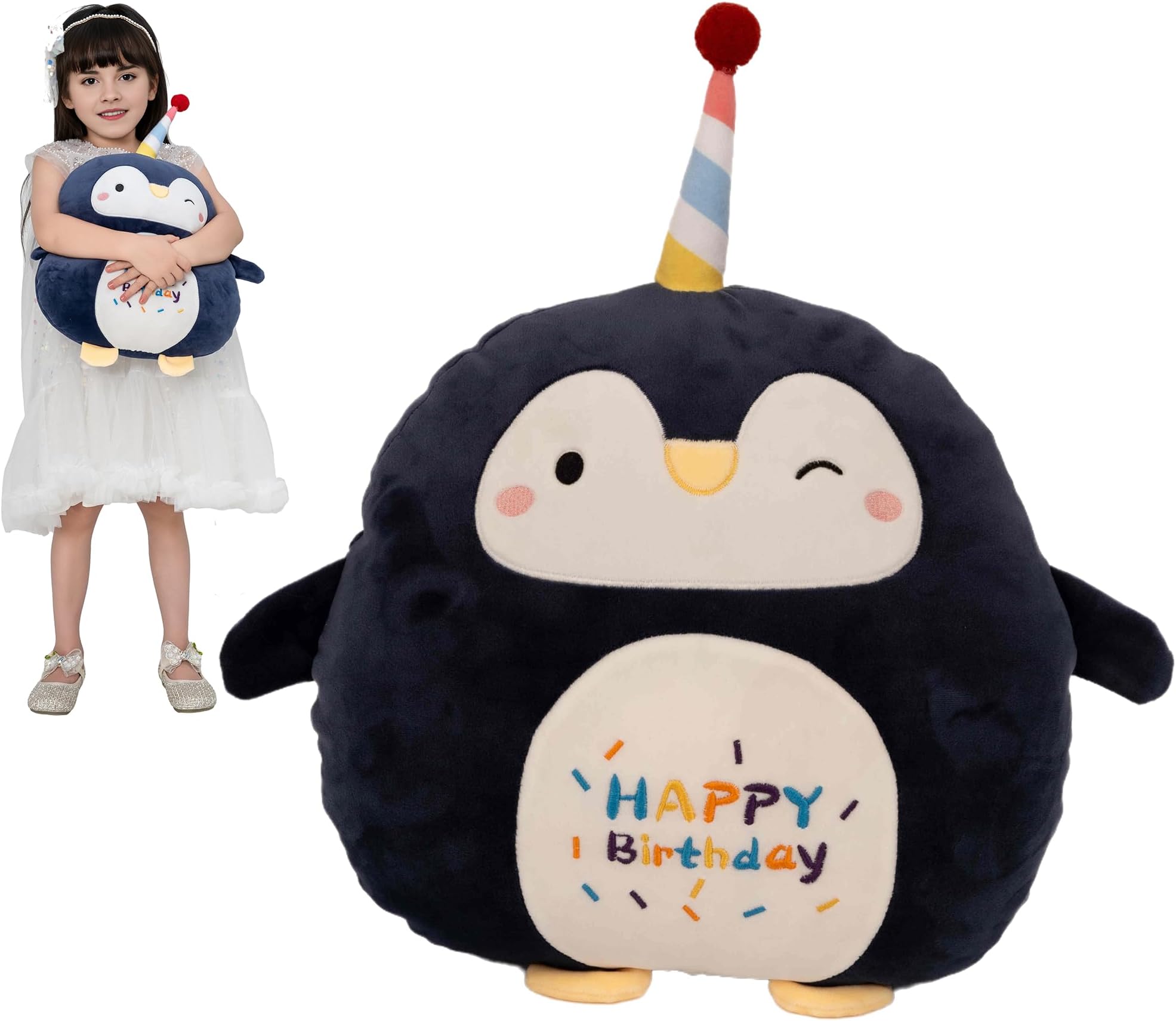 Happy Birthday Penguin Plush Pillow,16 Inch Kid-Safe PP Cotton Stuffed Animal,Soft Hugging Waist Nap Cushion for Office Living Room, for Kids Adults on Christmas Valentine's Day