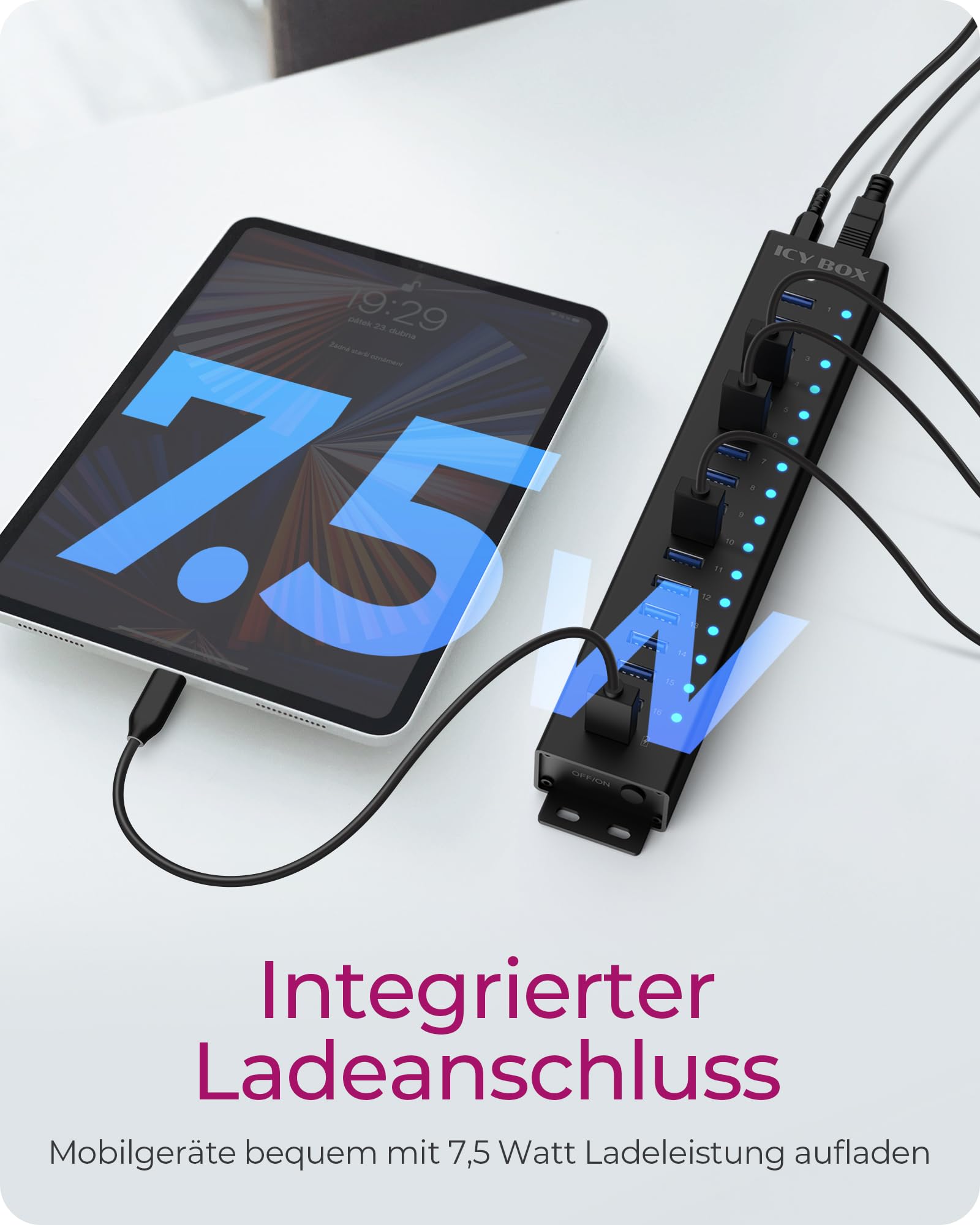 ICY BOX USB HUB (17 Ports) 16x USB & 1x USB Laden, USB 3.2 Gen 1 (5 Gbit/s pro Port), mit 96W Netzteil, USB-A, Aluminium, IB-HUB1717-U3