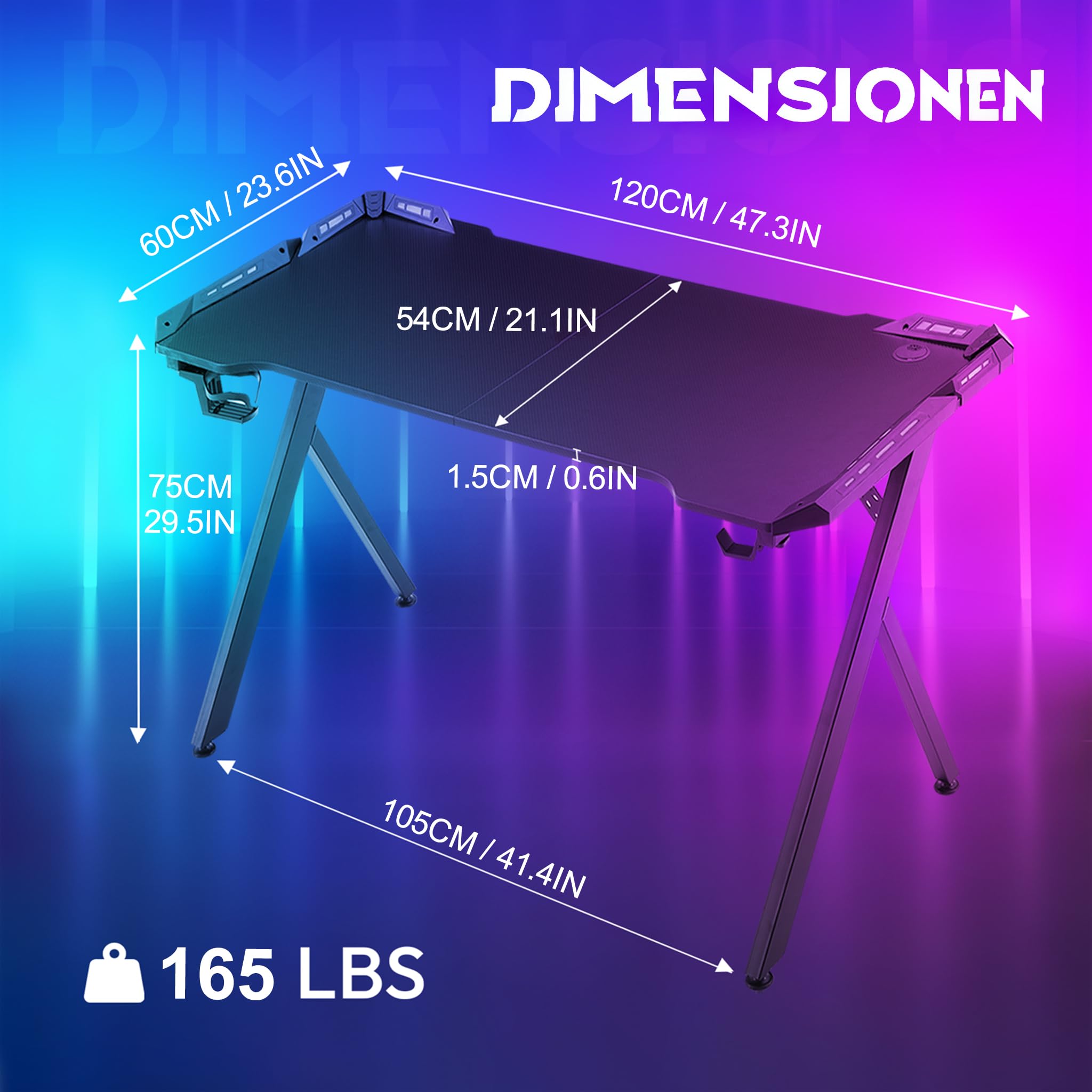 XMTECH Gaming Tisch Schwarz mit RGB LED, Carbon Tischplatte, 120 cm PC Schreibtisch, Computertisch, Y-förmige Beine, ergonomisch, Becherhalter & Kopfhörerhaken, für Gaming, Streaming & Homeoffice