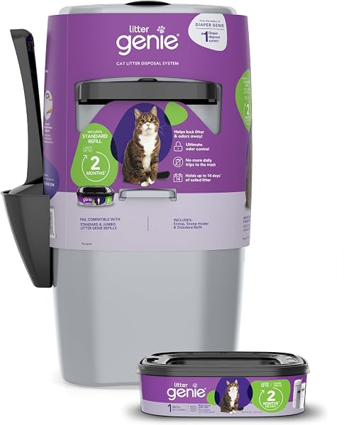Litter Genie Standard Pail (Silver) | Cat Litter Box Waste Disposal System for Odor Control | Includes 1 Square Refill B