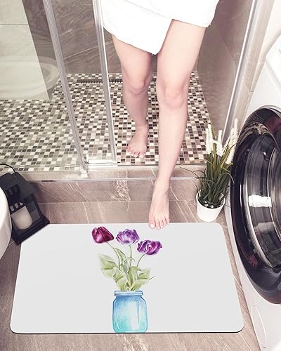 Miniatura 5 de Tapete de baño antideslizante con diseño de flores de tulipán, de secado rápido y absorbente, de tierra de diatomeas, para cocina, sala de estar,