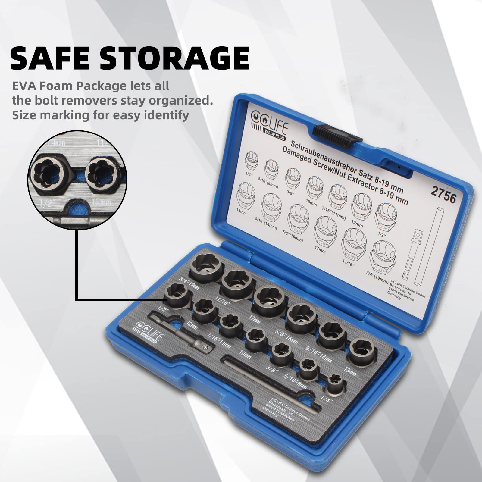 CCLIFE 15pcs Coffret douille extracteurs de boulons et d'écrousl, extracteur d'ecrou endommagés Cr-Mo Matériau 8-19mm,Entraînement carré 3/8'