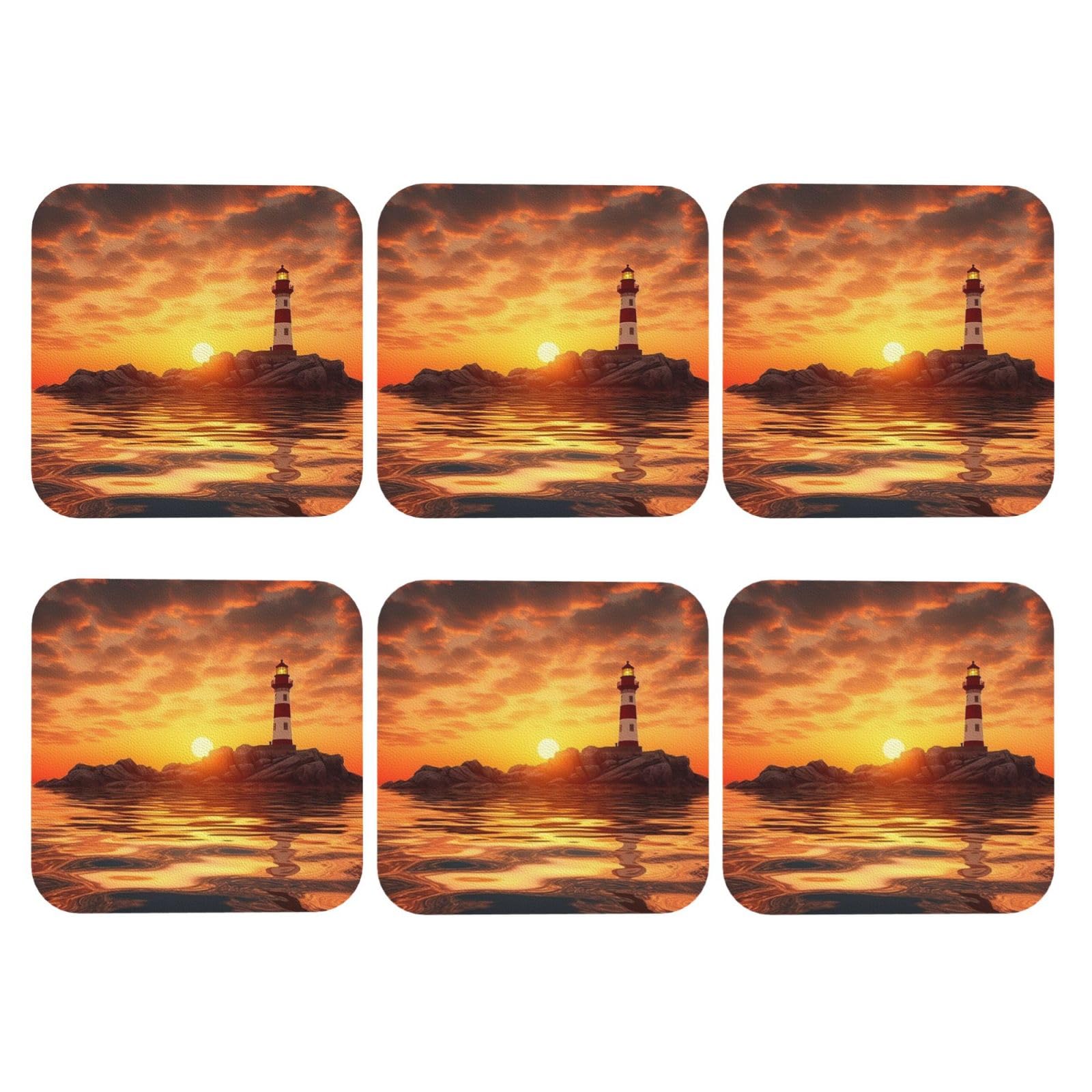 6pcs Leather Coasters for Drinks, Sea Lighthouse in Sunset Drink Coasters for Tabletop Protection, 4" Cup Coasters for Coffee Table Decor, Non-Slip Drinking Cup Mat for Hot Or Cold Drink