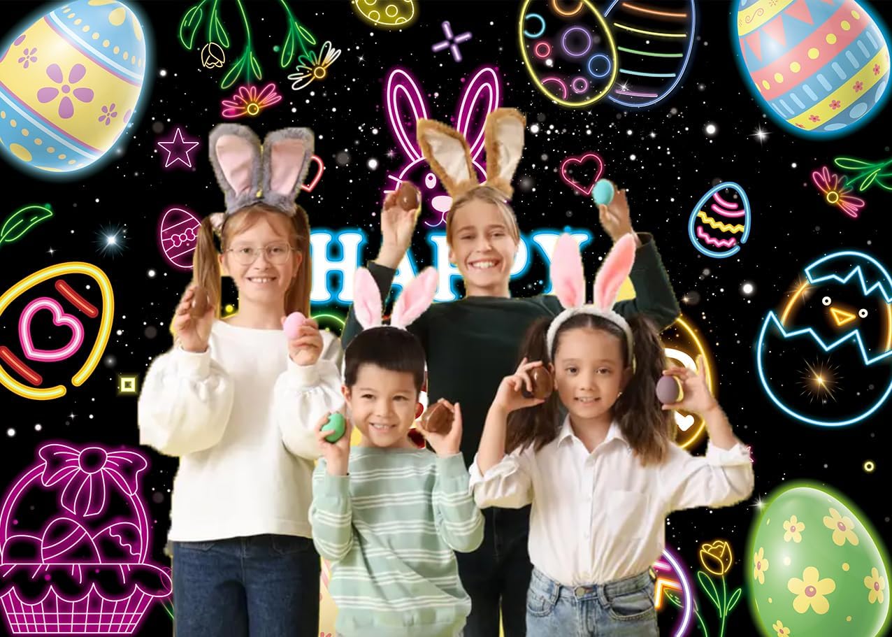INRUI Glow Easter Photography Backdrop Glow in The Dark Happy Easter Colorful Bunny Eggs Party Decorations Banner (10x8FT)