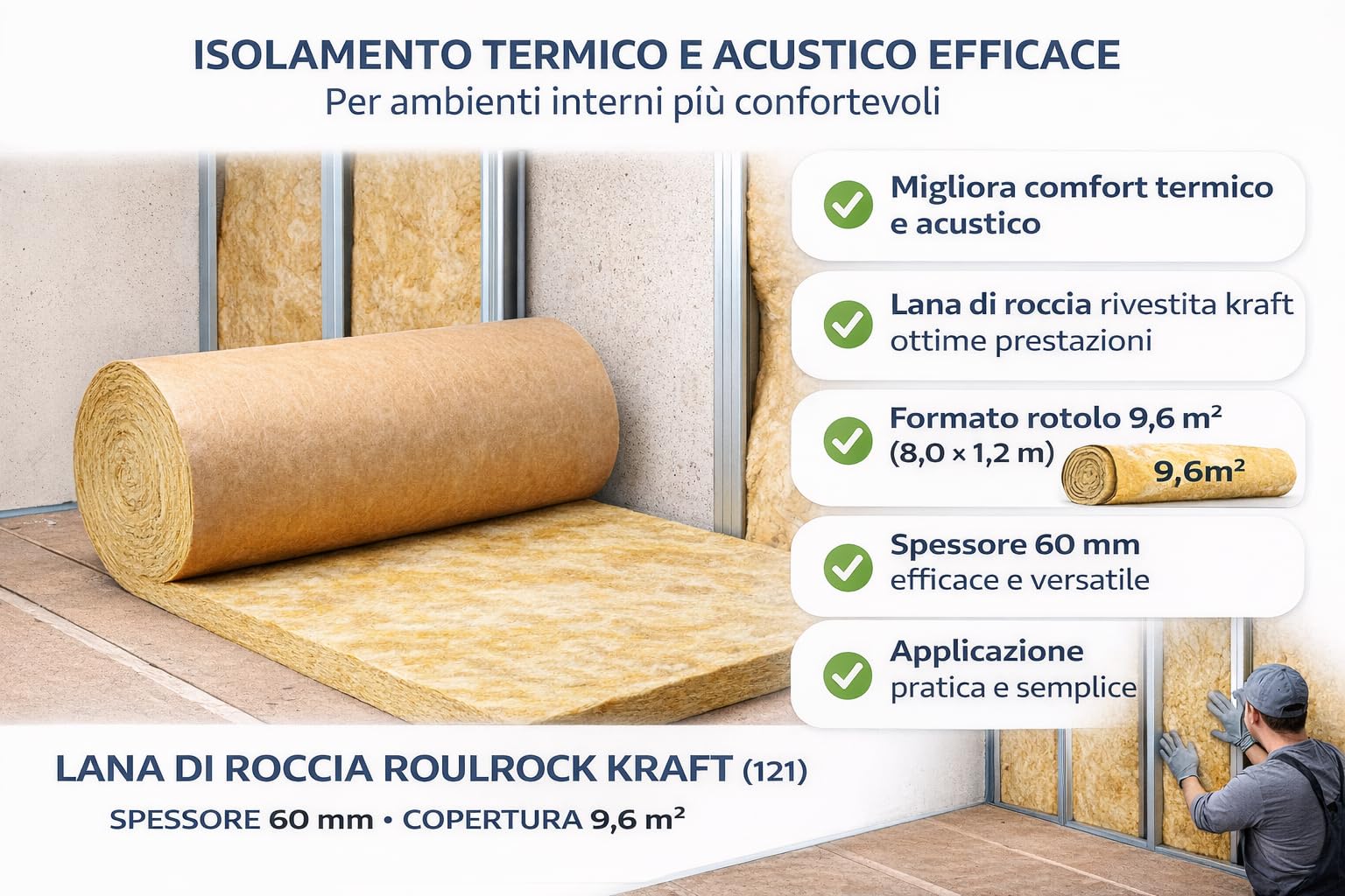 Lana di Roccia Roulrock Kraft 121 60 mm Rotolo Isolamento Termico Acustico 9,6 m² Rivestimento Kraft per Pareti Controsoffitti Interni LEMAG SRL