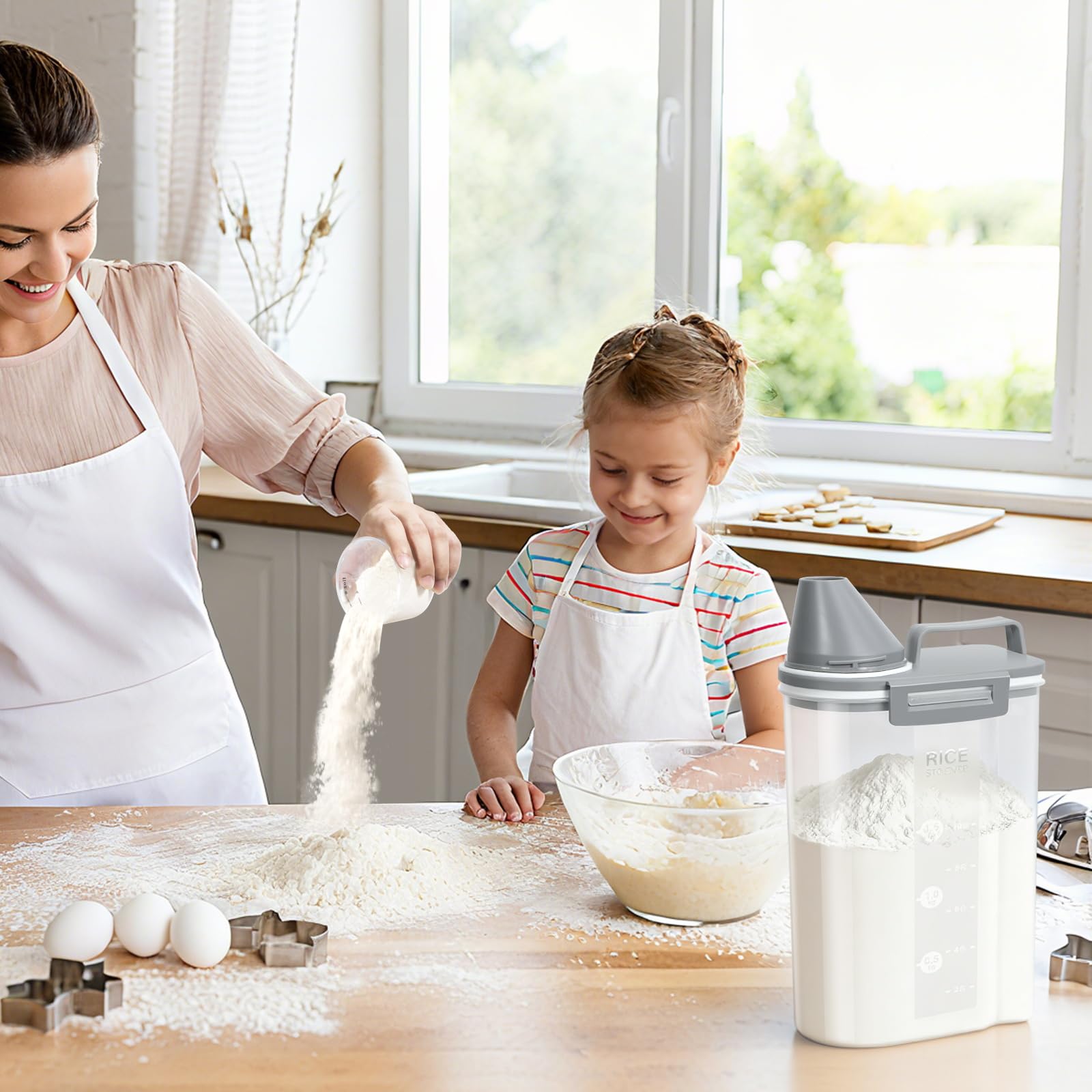 TBMax Contenitore per riso da 2 l/5 l, piccolo contenitore per alimenti per fagioli, farina, detersivo in polvere, contenitore portatile per cereali con coperchio (2 l, grigio chiaro)