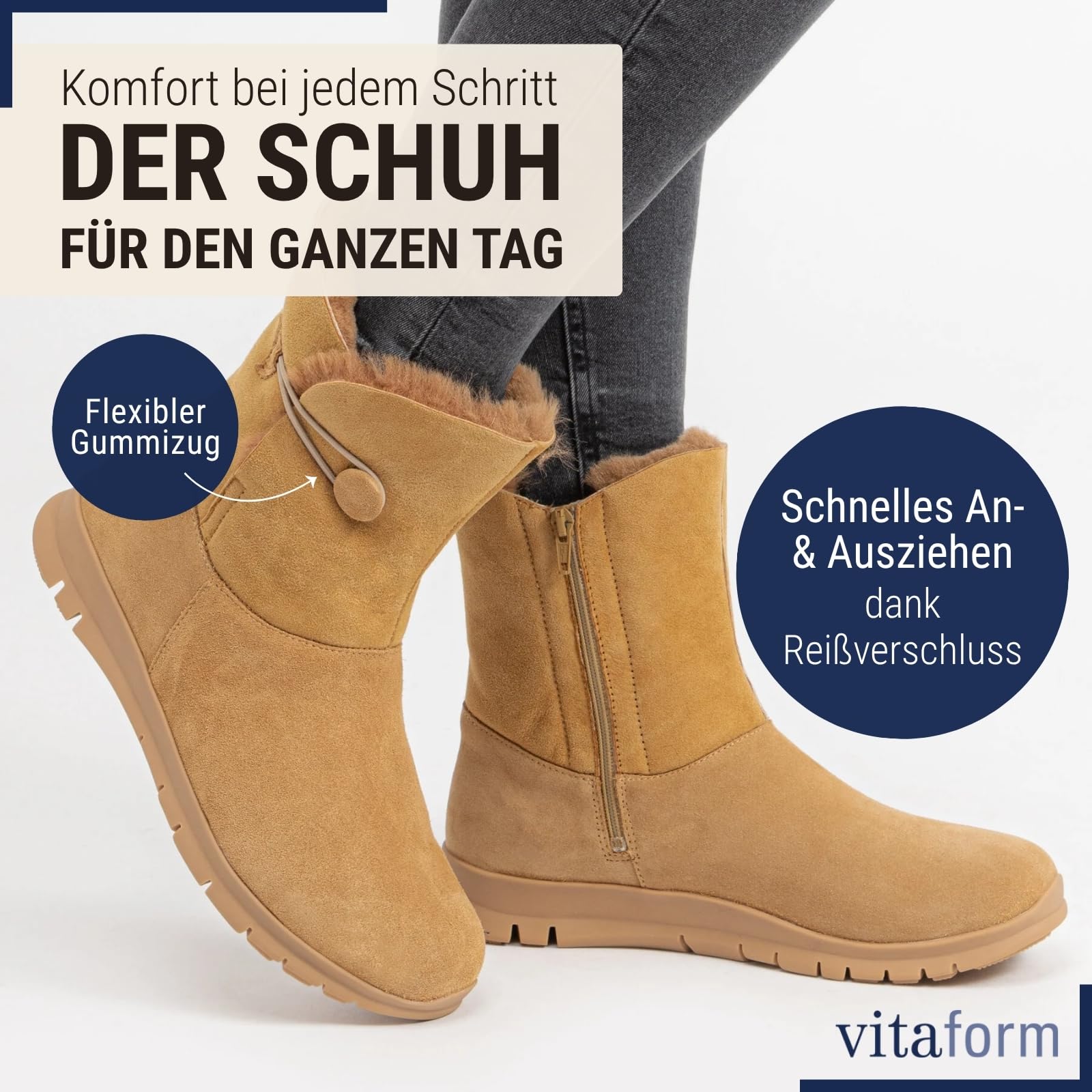 VITAFORM Lammfellstiefel Veloursleder | Flauschige und wärmende Boots für Damen I Bequem auch für breite Füße I Winterboots in tollen Farben
