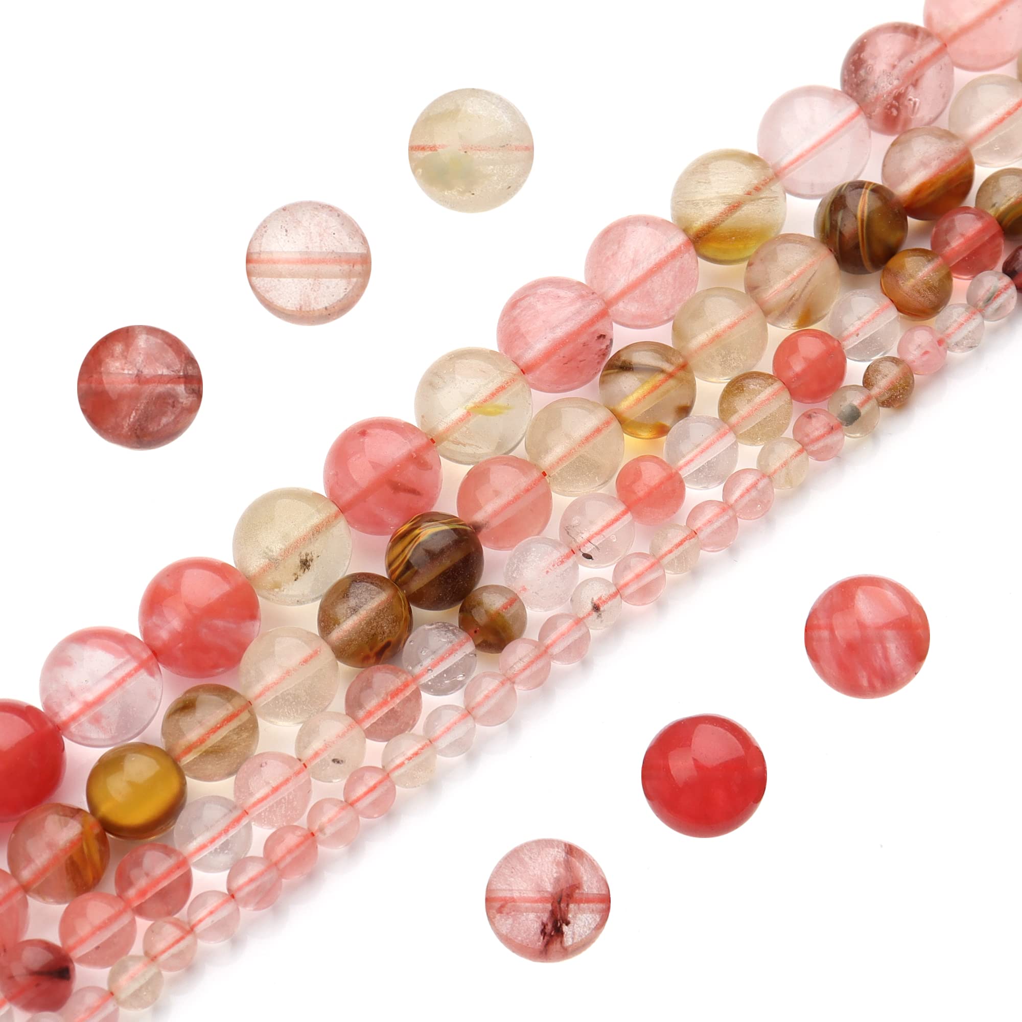 Filluck Natural Stone Beads 8mm Fire Cherry Quartz Polished Round Smooth Gemstone Beads for Jewelry Making Adults 15 Inch(Fire Cherry Quartz,8mm)