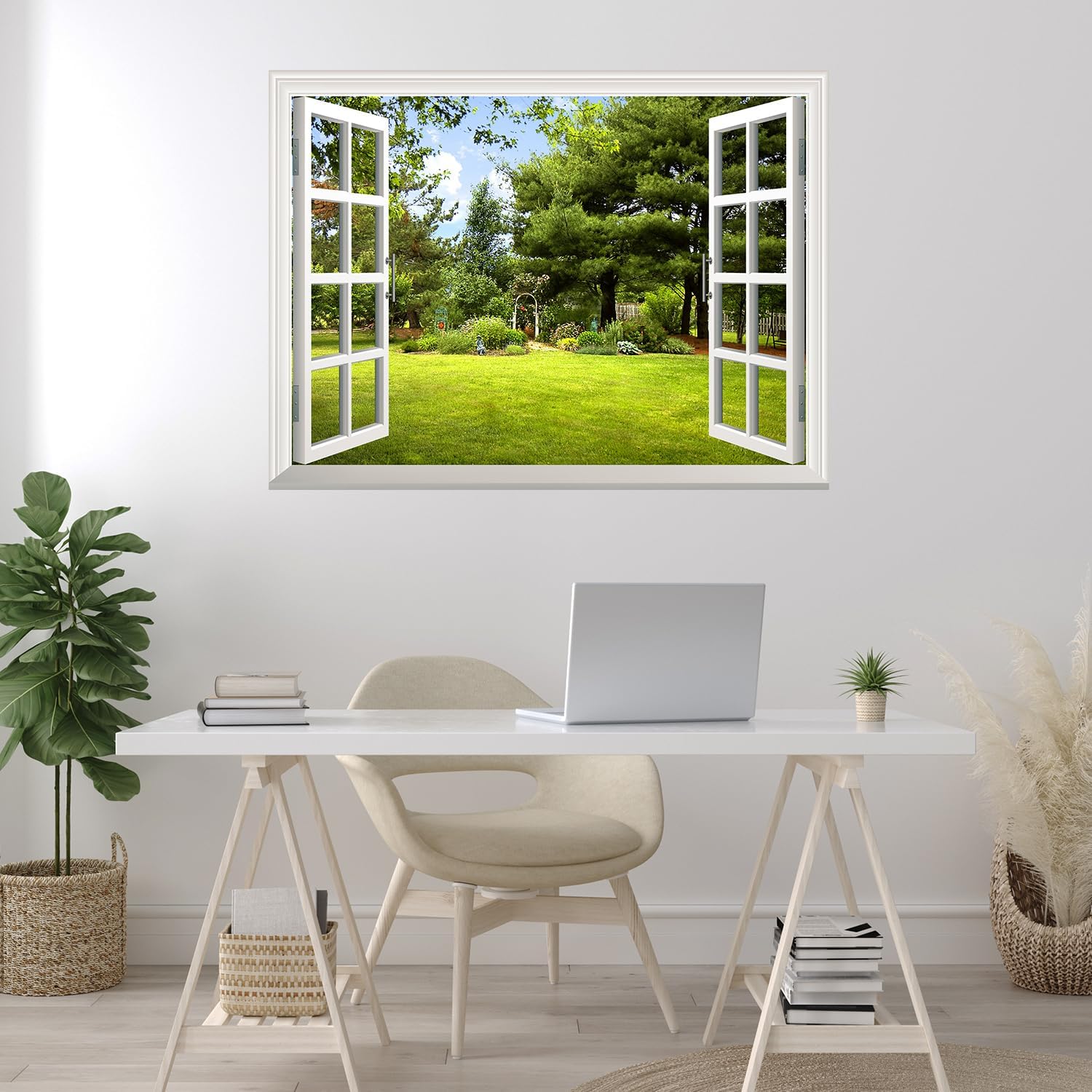 wall26 Wall Sticker Beautiful Garden View Out of The Open Window, Not Peel and Stick, Non-Woven Wallpaper Decorative for Bedroom, Living Room, Office - 24"x32"