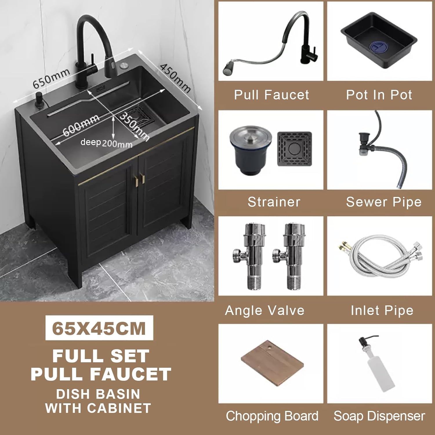 Waterfall Multi-Function Digital Display Sink，Outdoor Sink Set,Black Kitchen Sink Outdoor Utility Sinks Stainless Steel Freestanding Sink with Hot Cold Water Tap Kitchen Sink and Cabinet Com