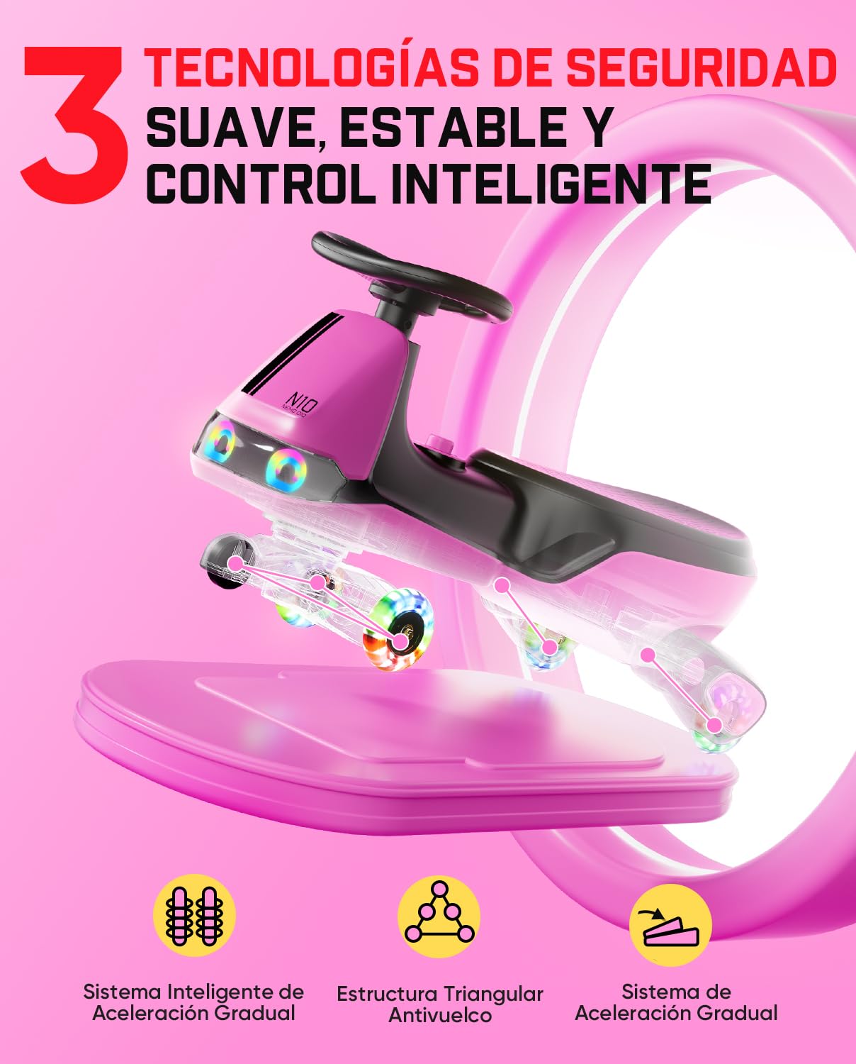FanttikRide N10 Classic Coche Eléctrico para Niños con Mopa Desmontable, Pedal, Carga Tipo C, GlideWiz, Antivuelco, Ruedas Luminosas y Bluetooth | para Edades de 3+, Carga Máxima 68 KG,Rojo